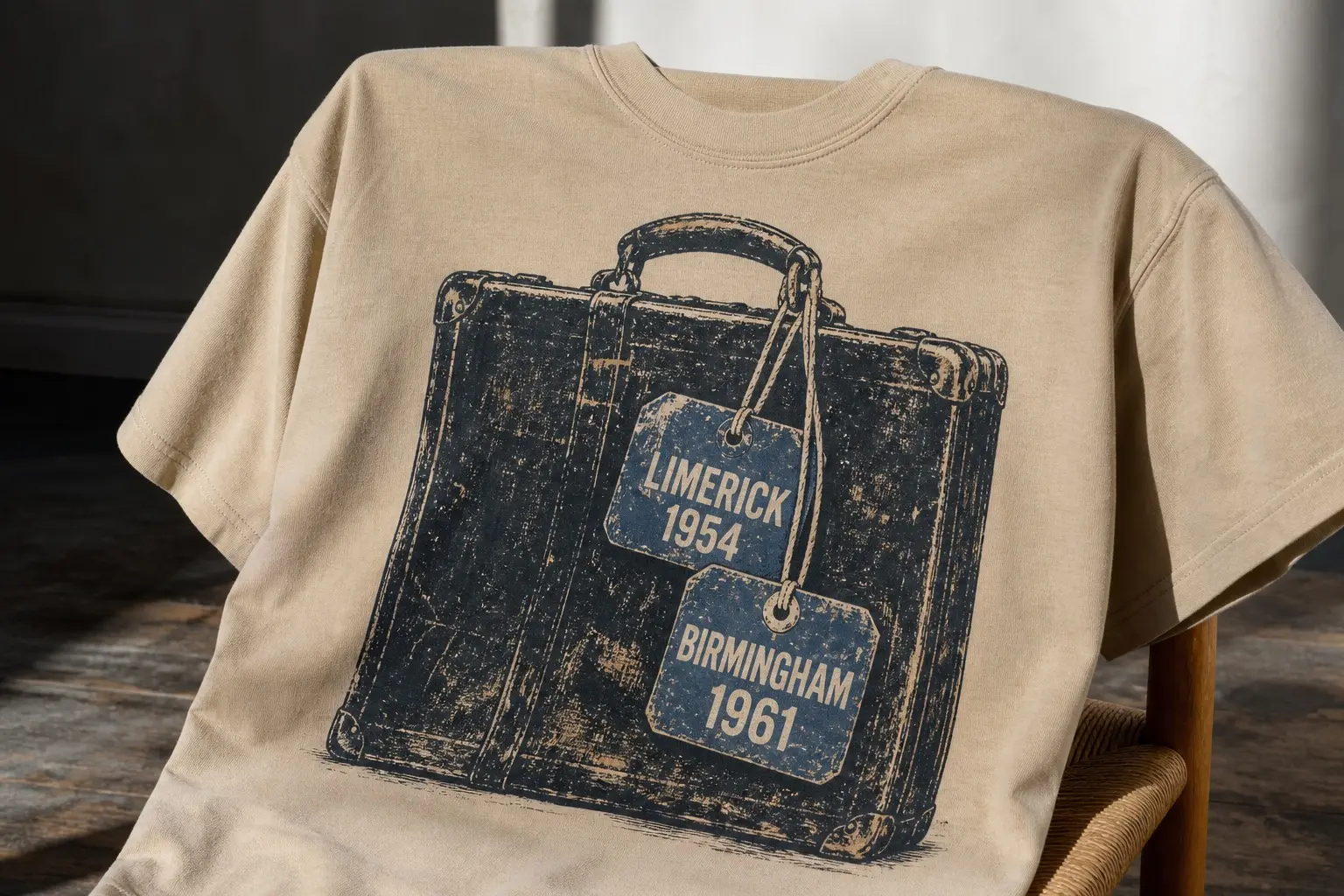 A sand tee draped over the back of a chair, printed with a battered dark suitcase carrying two paper luggage labels tied to the handle at different lengths, the upper reading LIMERICK 1954 and the lower reading BIRMINGHAM 1961.