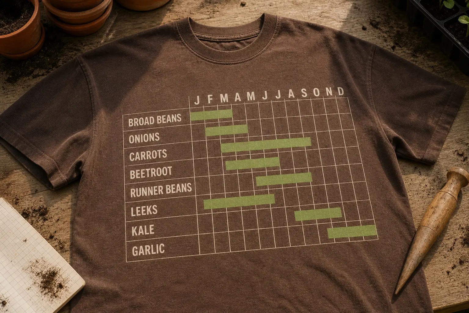 An earth-brown tee in cream and green printed with a ruled grid of eight vegetables — broad beans, onions, carrots, beetroot, runner beans, leeks, kale and garlic — against twelve month initials J F M A M J J A S O N D, each row carrying one solid bar of a different length and position, one corner soil-marked.