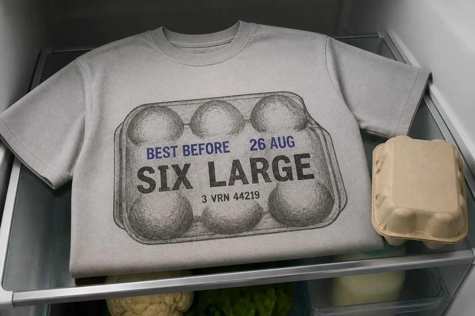 A pale grey tee printed with the flat top of a moulded pulp egg box showing six domes, the words SIX LARGE printed across it, BEST BEFORE 26 AUG stamped in blue, and a small code, 3 VRN 44219, printed beneath