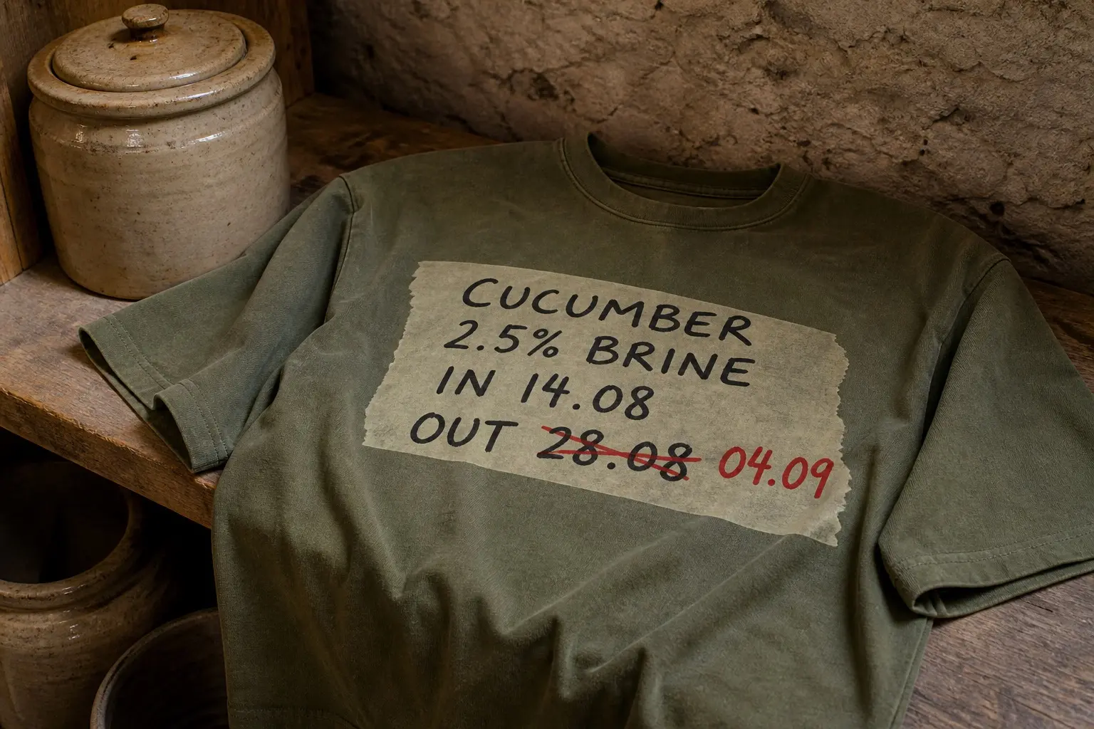An olive tee printed with a rucked strip of cream and red masking tape on a stoneware crock, marker-written CUCUMBER, 2.5% BRINE, IN 14.08, OUT 28.08 with the 28 struck through in red and 04.09 written after it.