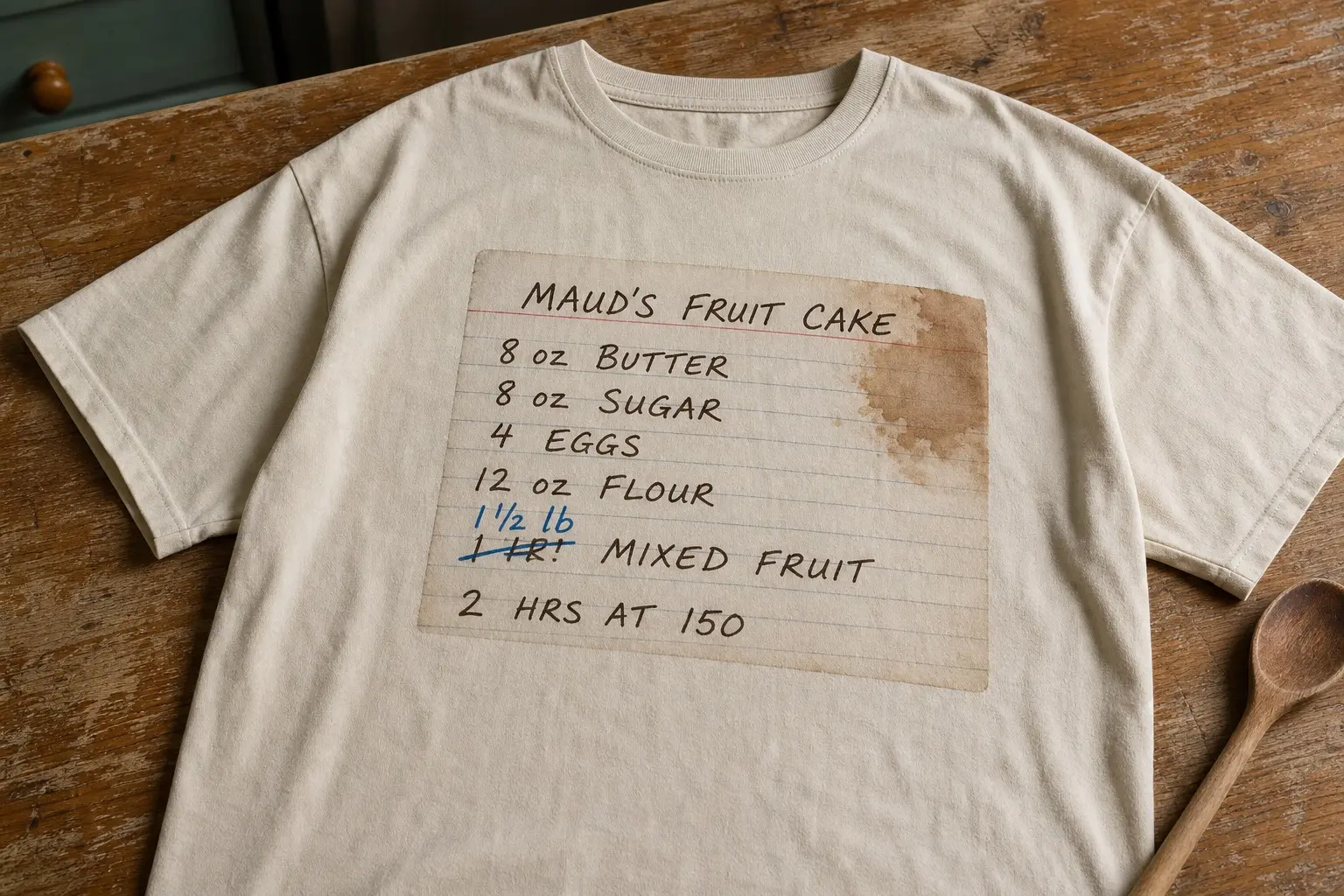 A bone tee printed with a sepia recipe card reading MAUD'S FRUIT CAKE, 8 oz BUTTER, 8 oz SUGAR, 4 EGGS, 12 oz FLOUR and 1 lb MIXED FRUIT struck through and corrected to 1 1/2 lb in bluer ink, then 2 HRS AT 150, with a brown splash soaked into one corner.
