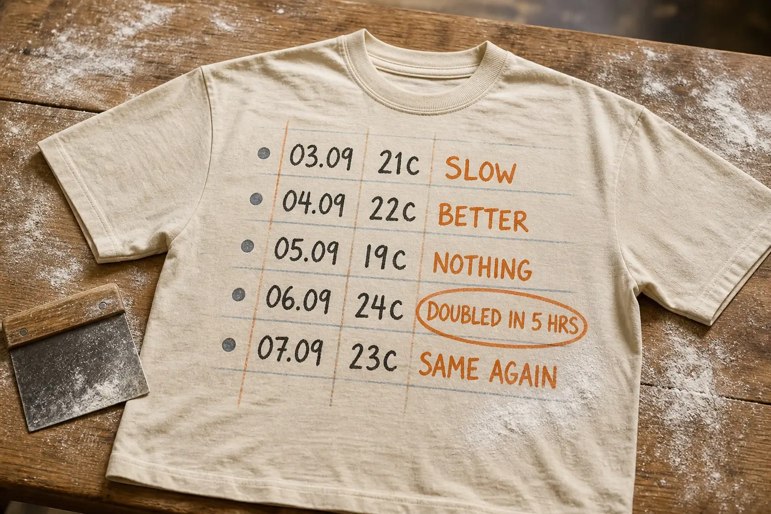 A bone tee printed with a ruled notebook page reading 03.09 21C SLOW, 04.09 22C BETTER, 05.09 19C NOTHING, 06.09 24C DOUBLED IN 5 HRS ringed in orange, and 07.09 23C SAME AGAIN, a faint flour smudge across one corner.