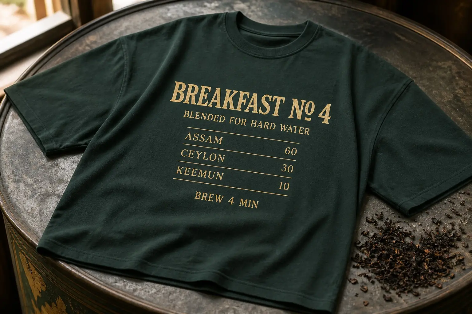 A dark green tee printed with a small gold and cream merchant's ticket inside a thin ruled border, reading BREAKFAST No 4, BLENDED FOR HARD WATER, a ruled table of ASSAM 60, CEYLON 30, KEEMUN 10, and BREW 4 MIN at the foot.