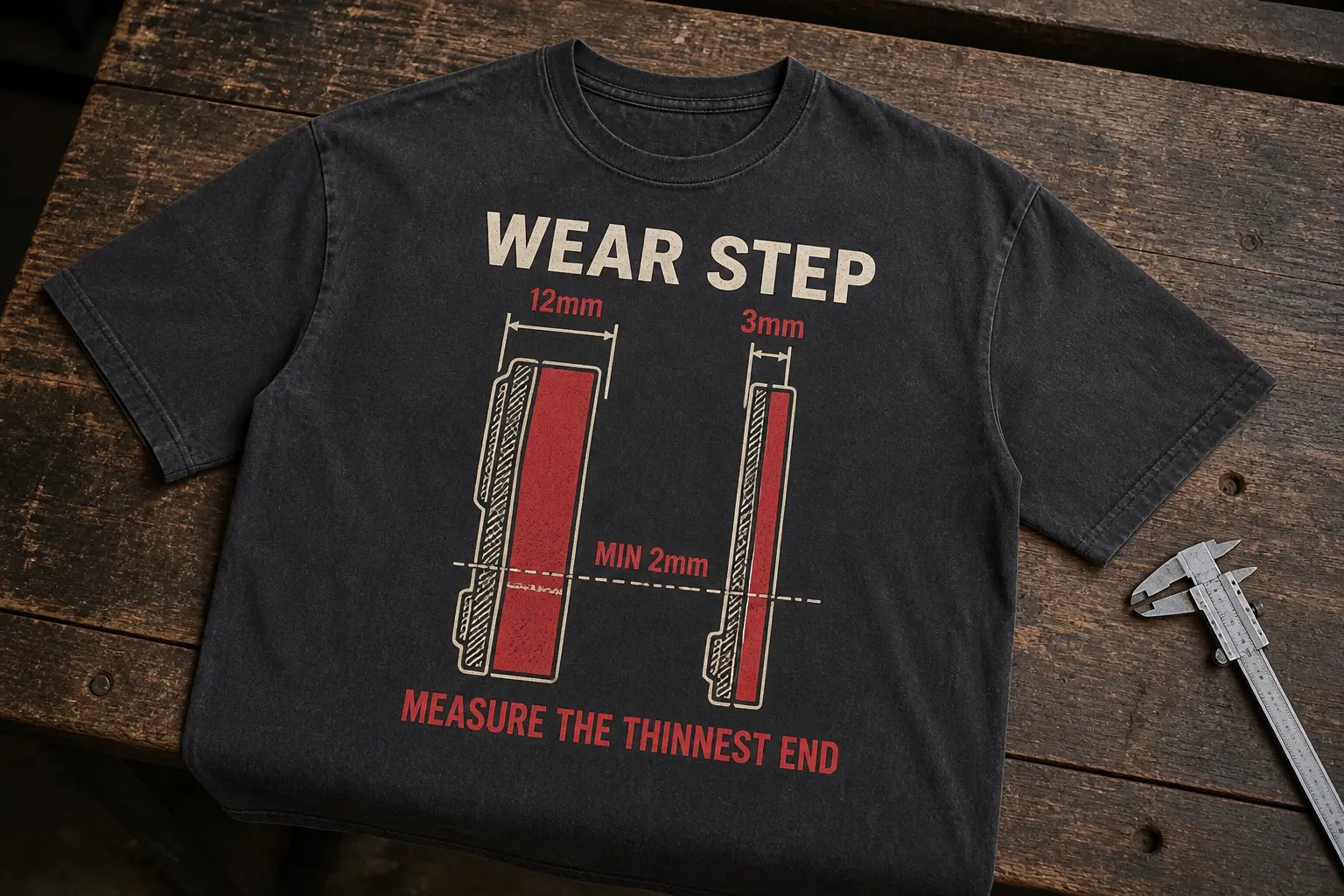 A charcoal tee printed in cream and red with two brake pads drawn in section side by side, one dimensioned 12mm new and the other 3mm worn, a dashed line across both labelled MIN 2mm, and MEASURE THE THINNEST END printed beneath.