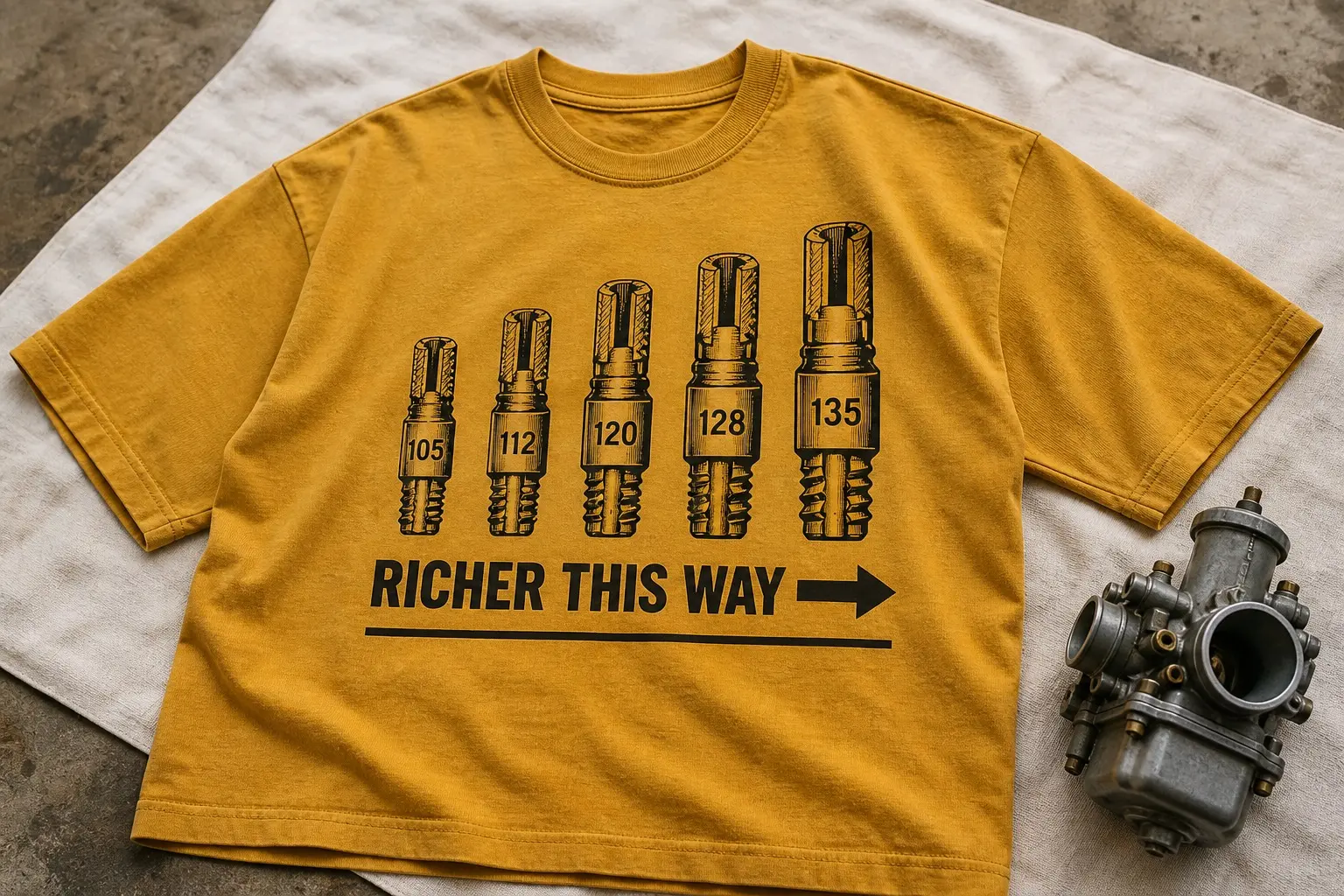 A brass gold tee in black printed with five carburettor jets drawn in section carrying the numbers 105, 112, 120, 128 and 135, with RICHER THIS WAY and an arrow pointing towards the 135.