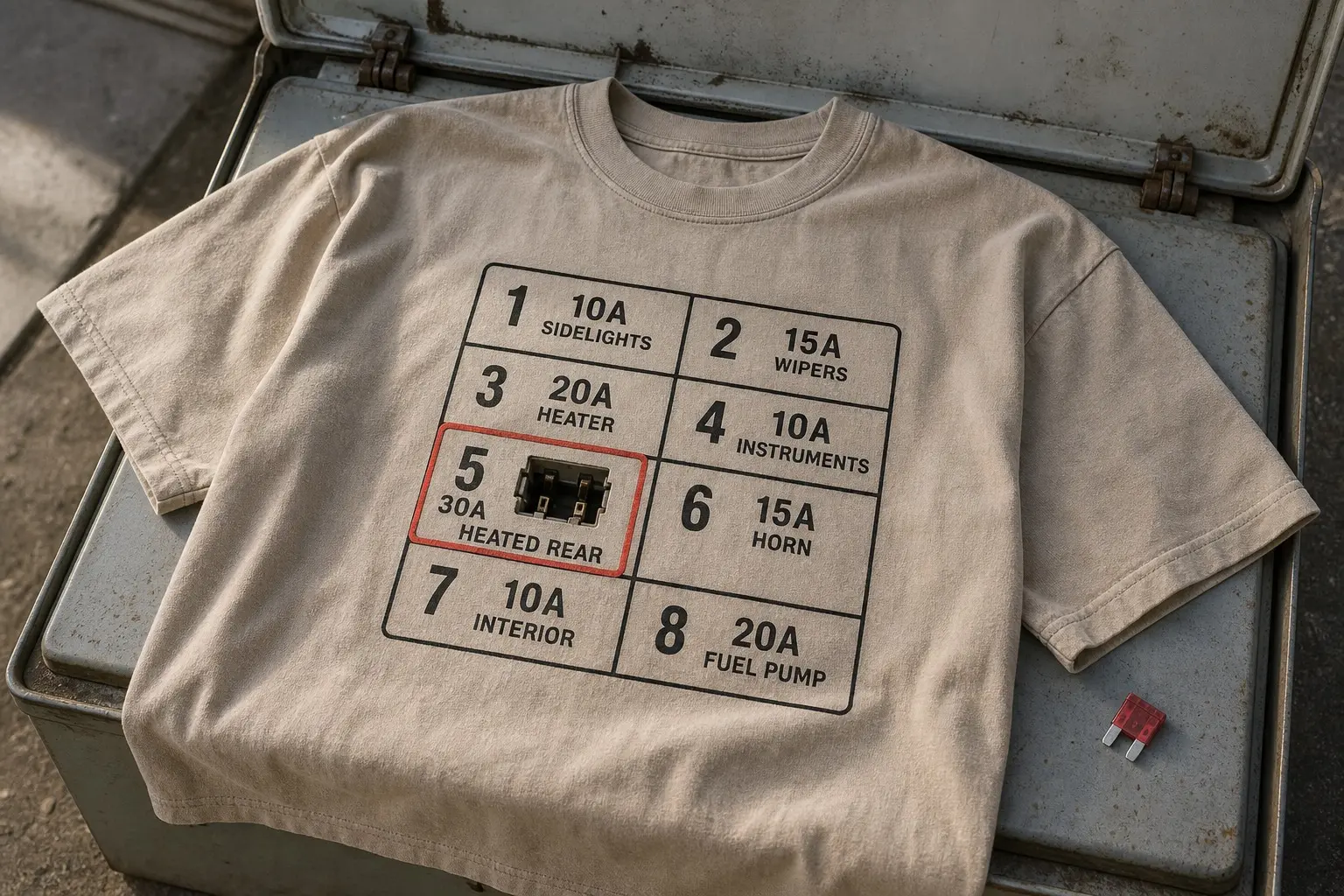 A sand tee printed with a fuse box diagram, a grid of eight numbered positions each carrying an amp rating and circuit name from 10A SIDELIGHTS to 20A FUEL PUMP, with position five drawn as an empty socket ringed in red.