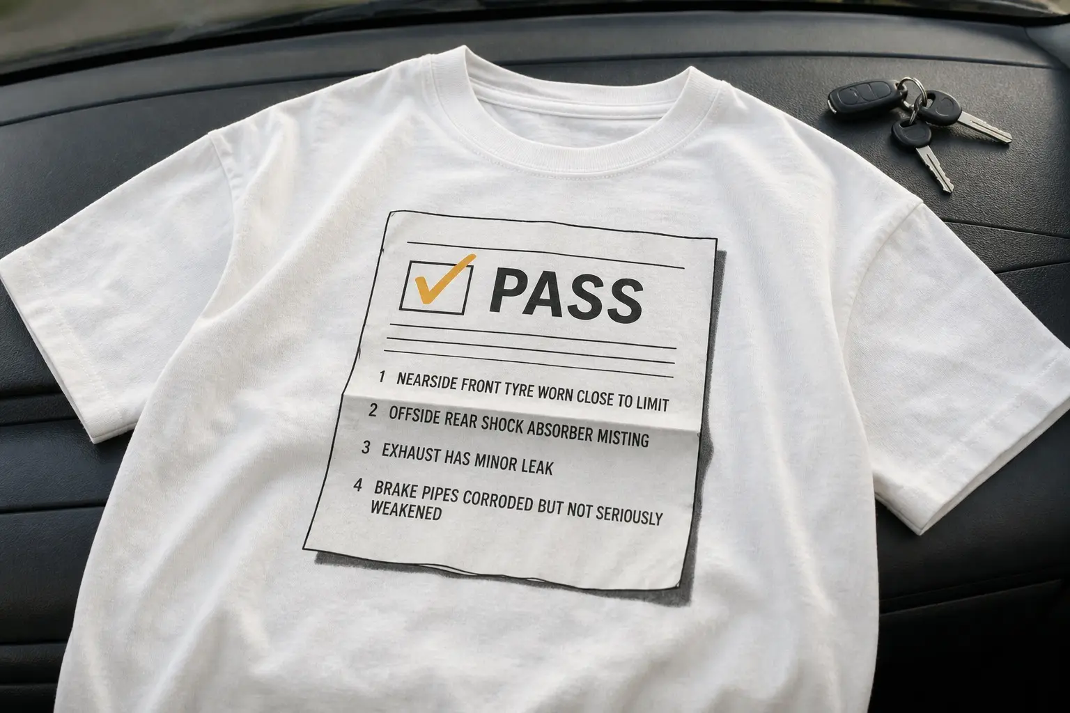 A white tee printed in black and amber with a printed inspection sheet, PASS ticked at the head, four numbered advisories — nearside front tyre worn close to limit, offside rear shock absorber misting, exhaust has minor leak, brake pipes corroded but not seriously weakened — and the paper folded once.