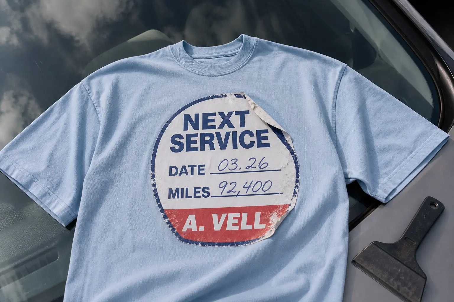 A pale blue tee printed with a windscreen service reminder sticker headed NEXT SERVICE, giving DATE 03.26 and MILES 92,400 in ballpoint over printed lines, the garage name A. VELL at the foot and one corner lifting.