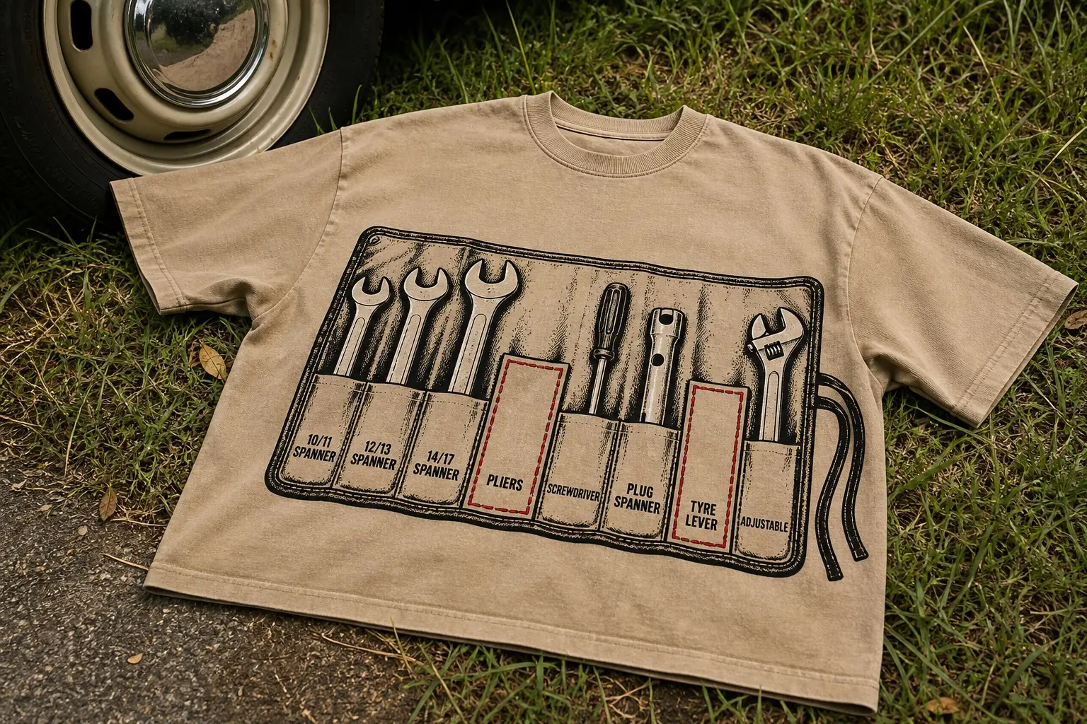 A canvas tan tee in black and red printed with a tool roll opened flat showing eight labelled pockets, PLIERS and TYRE LEVER both empty and ringed in red, the rest filled.