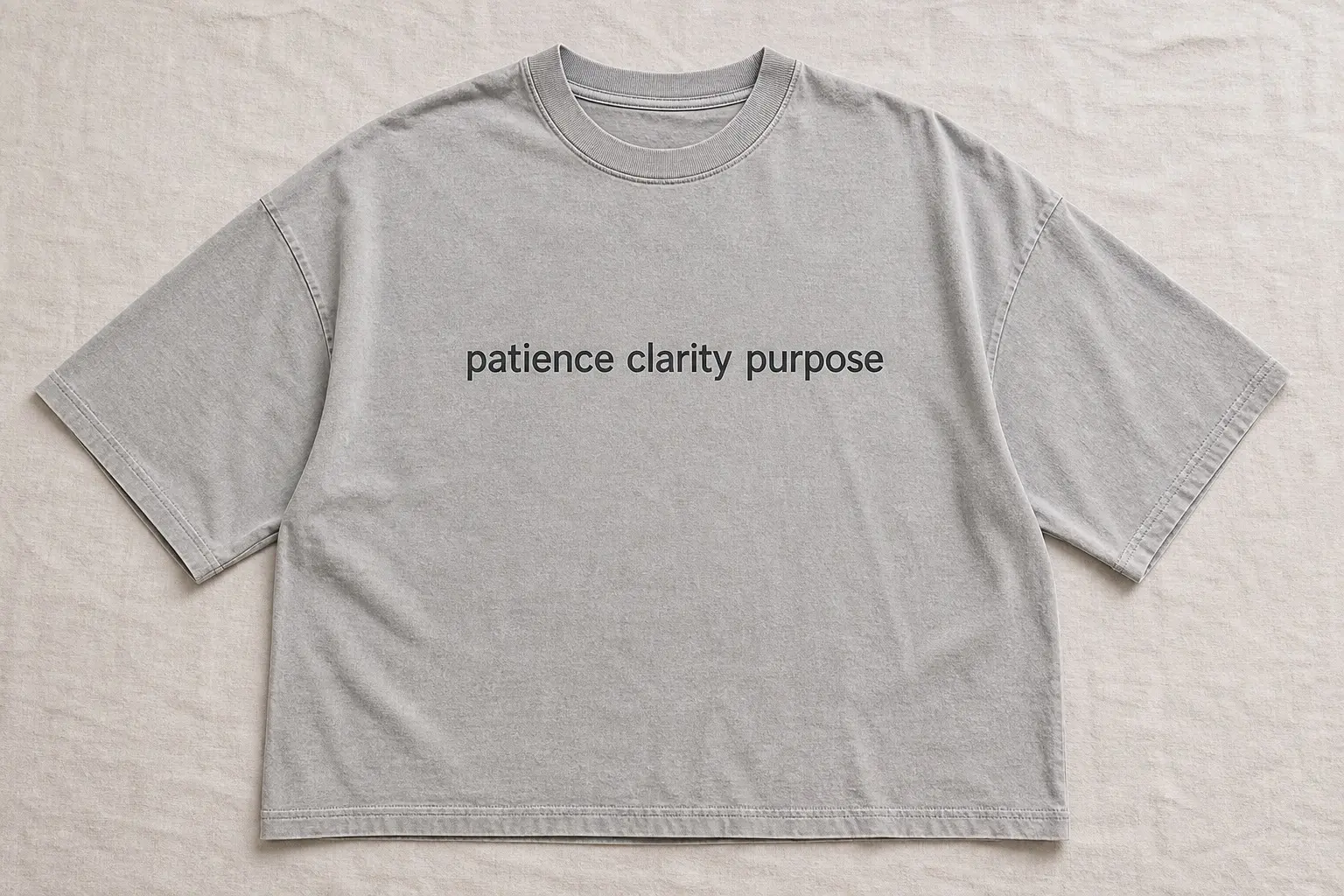 A grey boxy tee laid flat, printed with the lowercase line "patience clarity purpose" in a plain sans serif