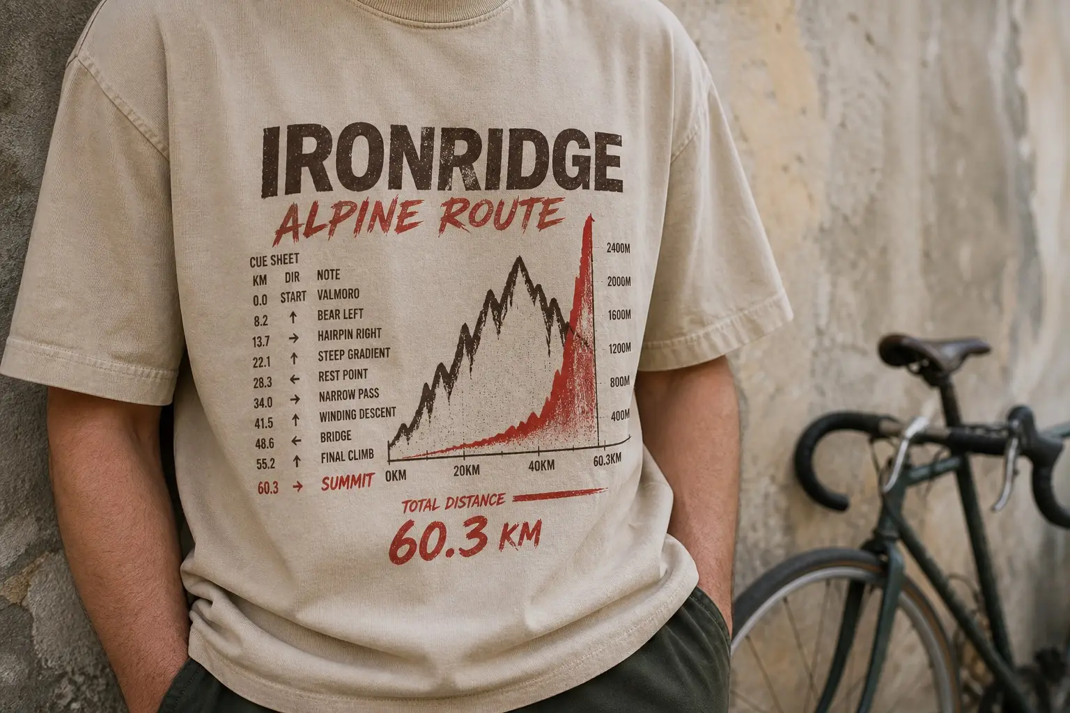 A person from the chest down beside a bike leaning on a wall, wearing a sand-coloured tee printed with a jagged elevation profile with a brutal final climb, a cue sheet column and 60.3 KM