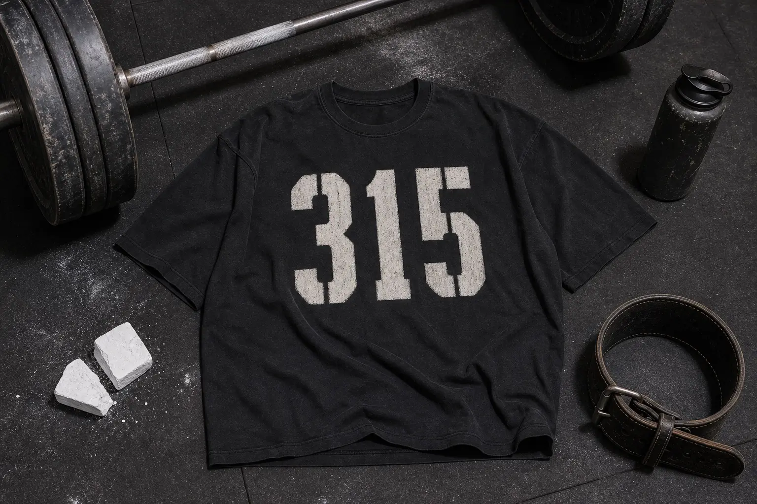 A black boxy t-shirt with a large plate-weight number printed across the chest, laid on the rubber floor of a gym beside chalk and a loaded barbell