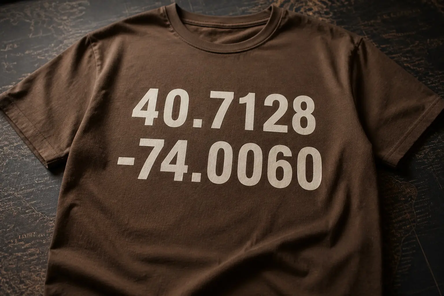 A brown tee printed with large cream numerals reading 40.7128 above -74.0060, laid on a dark antique map