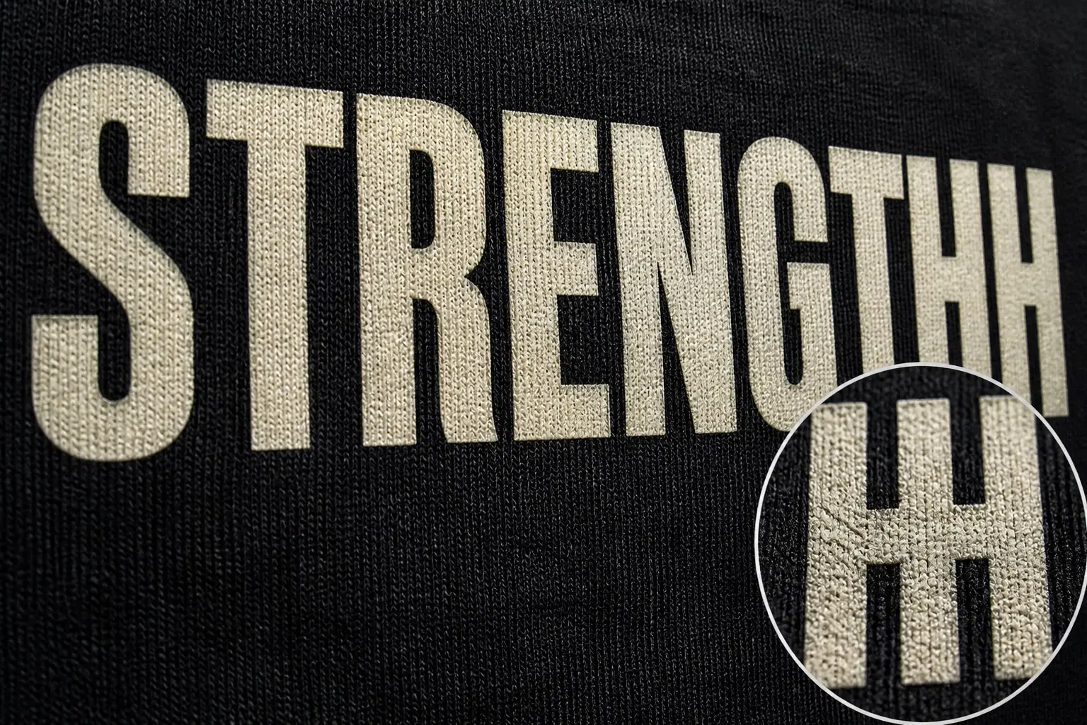 A close-up of a dark tee printed with the word STRENGTHH in heavy cream capitals, with a magnified inset showing the duplicated final H
