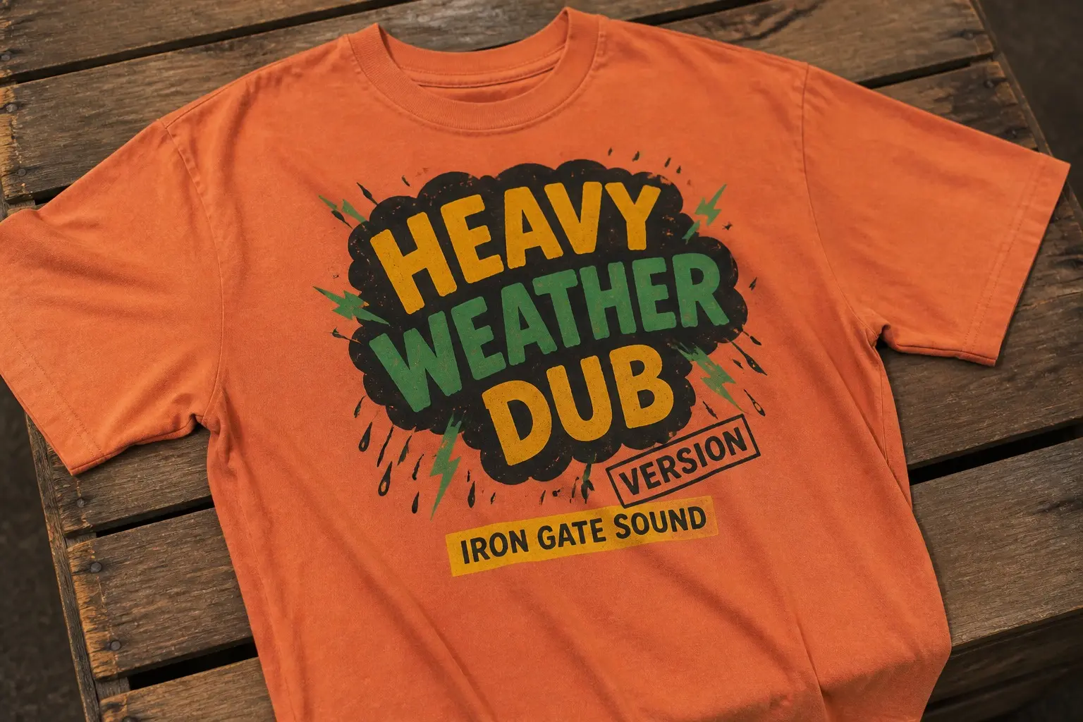 A sunset orange tee laid flat on a wooden crate, printed with a cheaply produced sleeve reading HEAVY WEATHER DUB in a bold hand-drawn logotype, VERSION stamped beneath it at an angle, IRON GATE SOUND set on a plain label area, and the colours visibly off-register on rough card