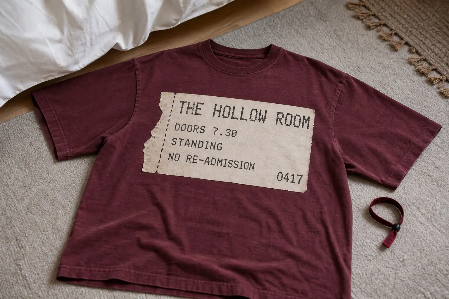 An oxblood tee flat on a bedroom floor beside a wristband, printed as a card ticket torn raggedly down its left edge, dot-matrix printed with THE HOLLOW ROOM, DOORS 7.30, STANDING, NO RE-ADMISSION along the bottom, and the serial 0417 at a corner