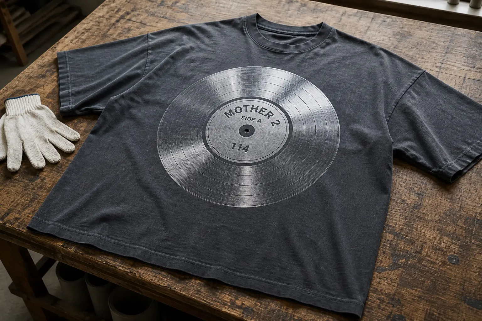 A slate-grey tee flat on a workbench beside a pair of cotton gloves, printed with a mirror-finished steel stamper disc catching light across its concentric grooves, MOTHER 2 and SIDE A stamped around the centre hole and the number 114 struck below.