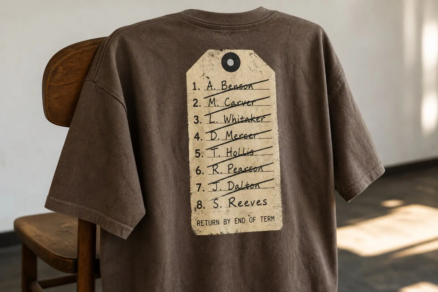 A faded oak brown tee shown from the back, printed across the upper back with a laminated instrument-case return tag listing eight handwritten names, seven struck through with a single diagonal stroke and one left standing, with RETURN BY END OF TERM printed beneath the list.