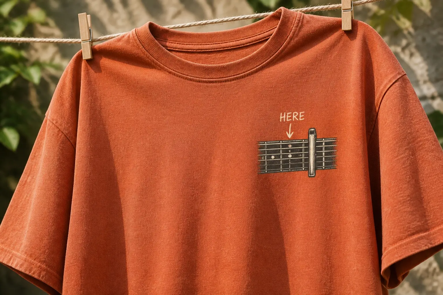 A rust orange tee with a small badge-sized chest print, a close-up section of a fretted neck with a capo clamped across one fret and a hand-drawn arrow labelled HERE pointing at the fret beside it.