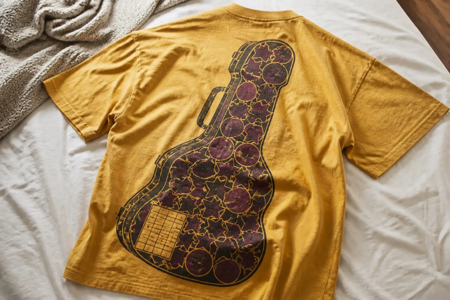 A mustard tee crumpled on a bed, printed large across the back with a hard instrument case whose lid is covered edge to edge in a dense repeat of blank plum stars and circles, and one small paper practice-log sticker with a mostly empty grid surviving in the lower corner.