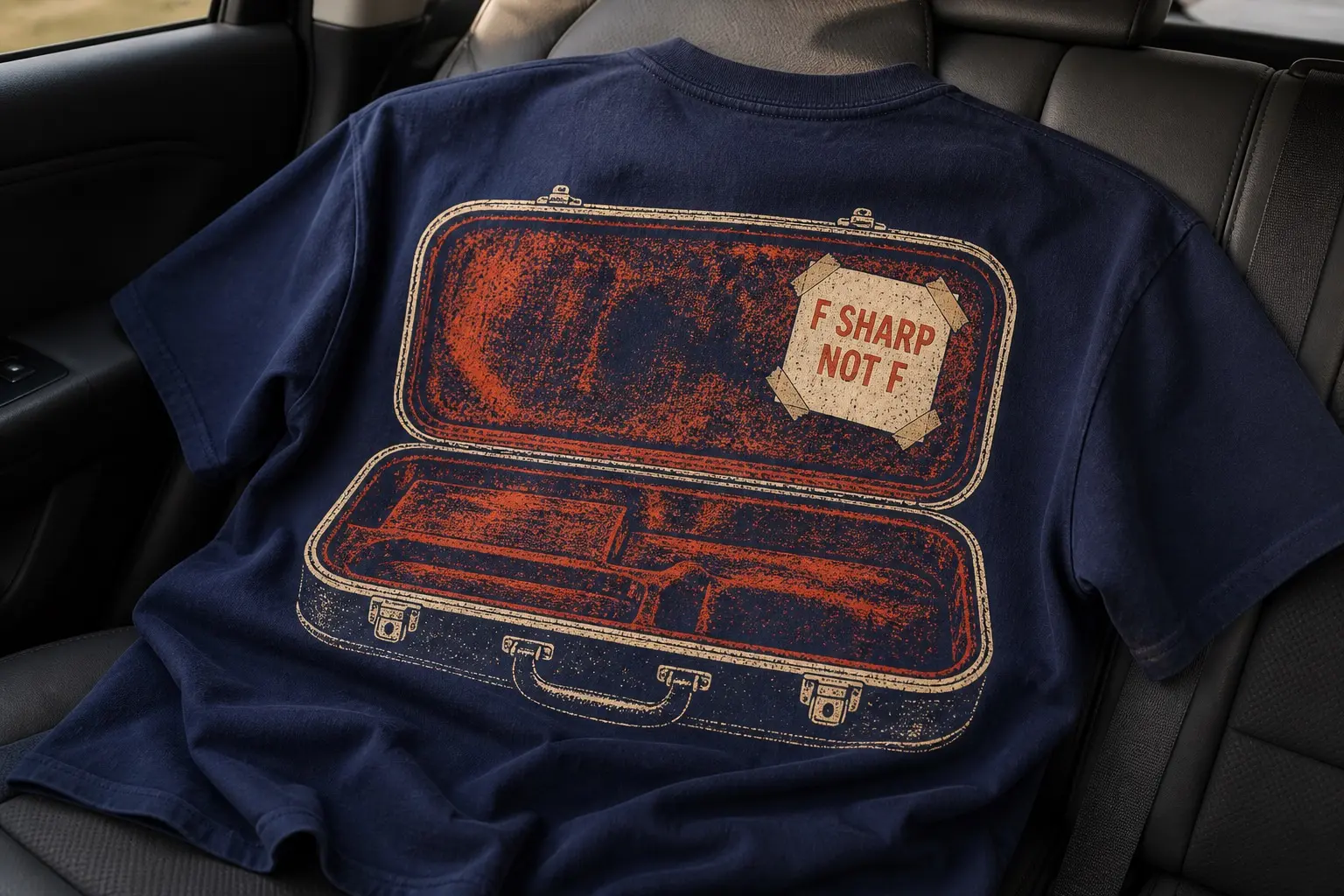 A navy tee printed full width across the upper back, an instrument case shown open with its rust-coloured lining visible, a small yellowed paper scrap taped to the underside of the lid in one corner reading F SHARP NOT F.
