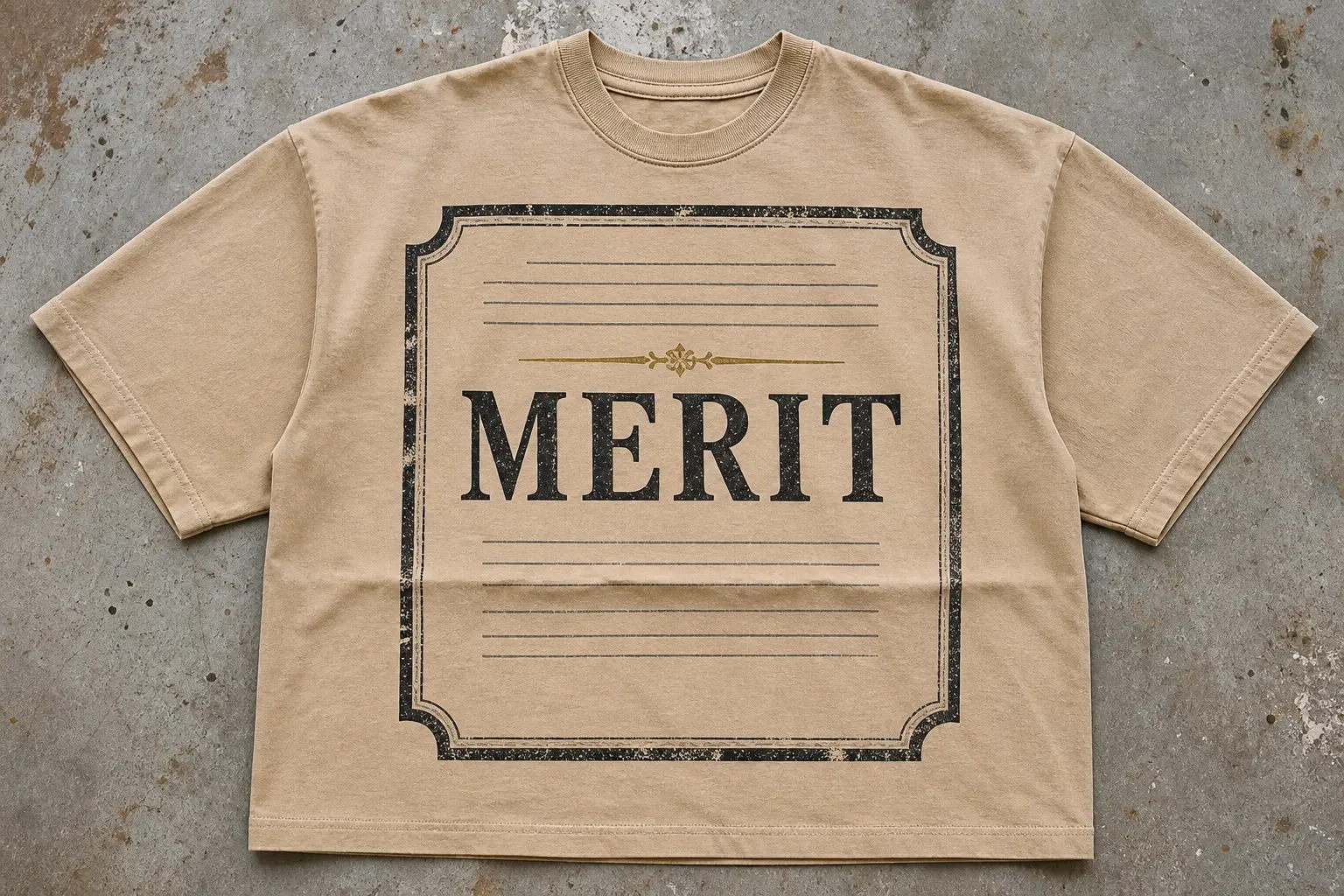 A parchment-tan tee printed with a large certificate centred on the chest, a plain double-ruled border with no crest or seal, plain ruled lines above and below, a thin gold ornamental rule, one line of formal black lettering reading MERIT, and a faint crease running across the lower third.