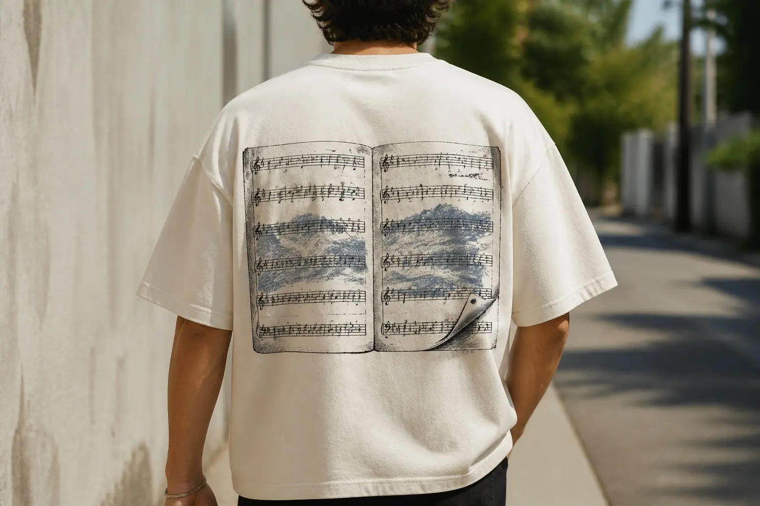 An eggshell tee printed on the chest with two facing pages of engraved sheet music, a soft dusty-blue landscape wash running behind the staves across the centre of the spread, and the bottom outer corner of the right-hand page lifted upward mid-turn with a small pencil dot marking the lift point.