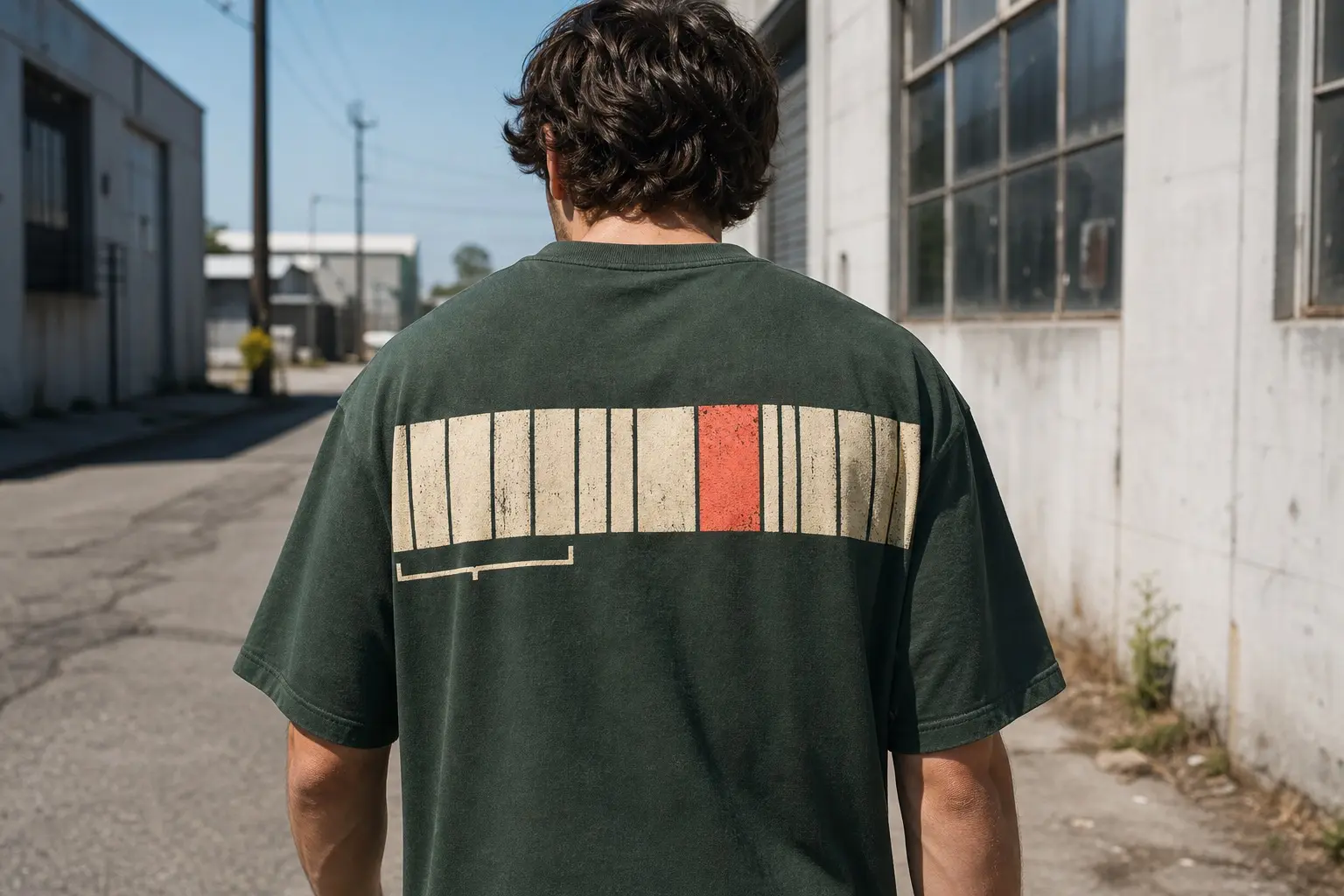 A forest green tee printed with a single horizontal bar representing one journey, divided by vertical lines into fourteen unequal segments, the last one cut off by the frame edge and unfinished, with a short bracket underneath spanning only the first three segments