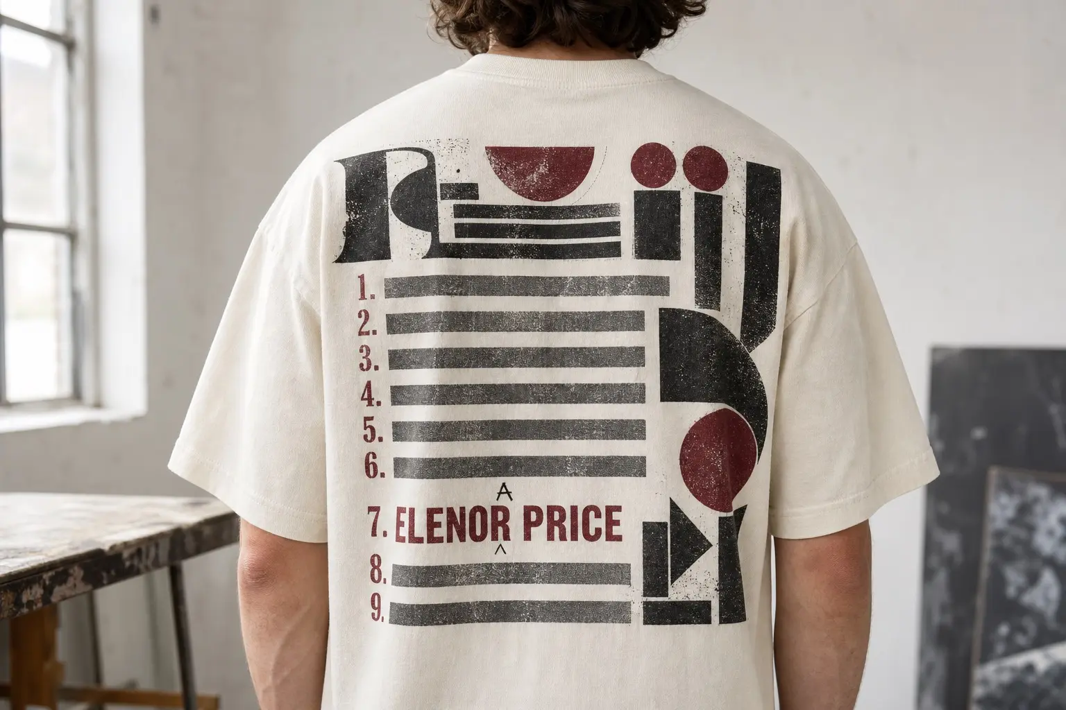 An ivory tee worn from behind, printed edge to edge across the upper back with a numbered running order below an abstract geometric mark, every performer's line reduced to a flat black bar except one reading ELENOR PRICE in deep burgundy, with a small handwritten A and caret added above the space just after it.