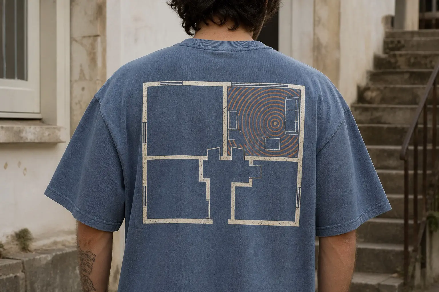 A dusty blue tee printed with an overhead plan of a small flat, four rooms and a hallway with furniture drawn as plain rectangles, concentric arcs spreading from a marked point in one room and filling it entirely, stopping hard at its walls and entering no other room, while the other three rooms are left empty of marks.