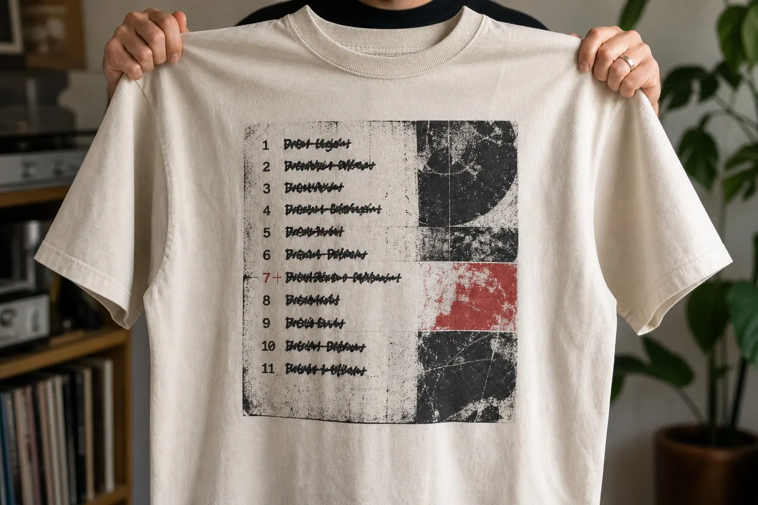 A bone tee printed with the back of a record sleeve carrying a numbered listing of eleven illegible track titles with clear numbers, and beside number seven a small hard cross in biro