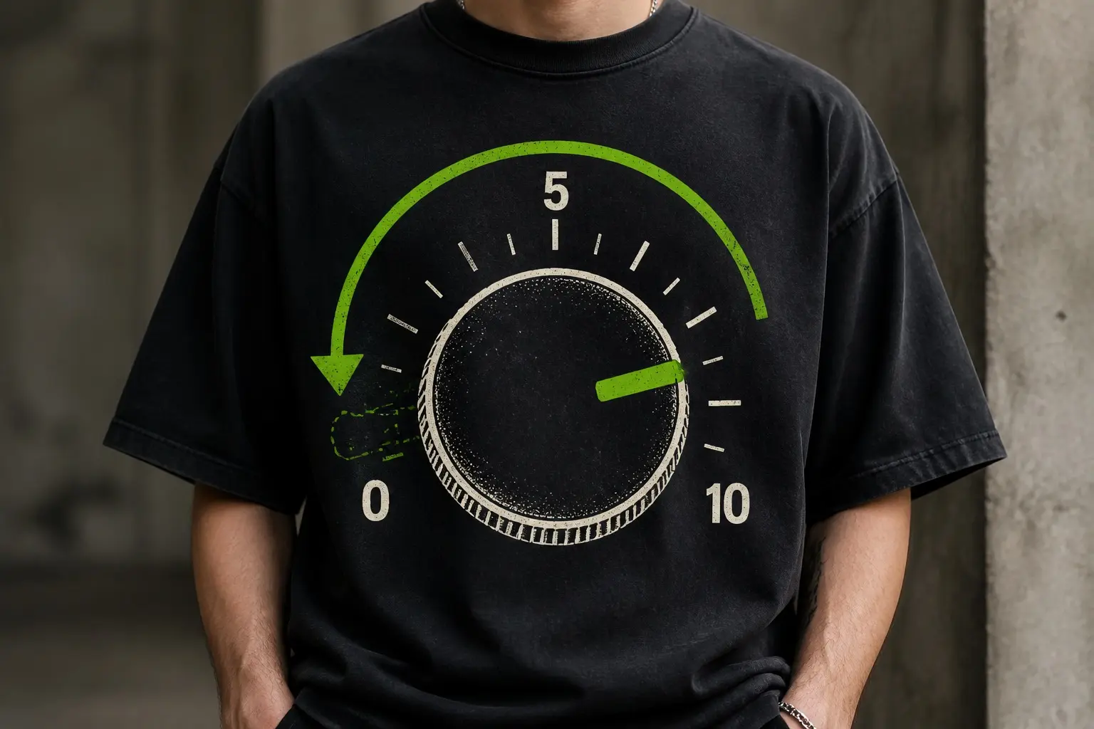 A near-black tee flat, printed as one large rotary volume dial with 0 at the far left, 5 at the top and 10 at the far right, a solid pointer between 5 and 10, a ghosted outline pointer between 0 and 5, and a curved arrow sweeping anticlockwise from the solid pointer down to the ghost