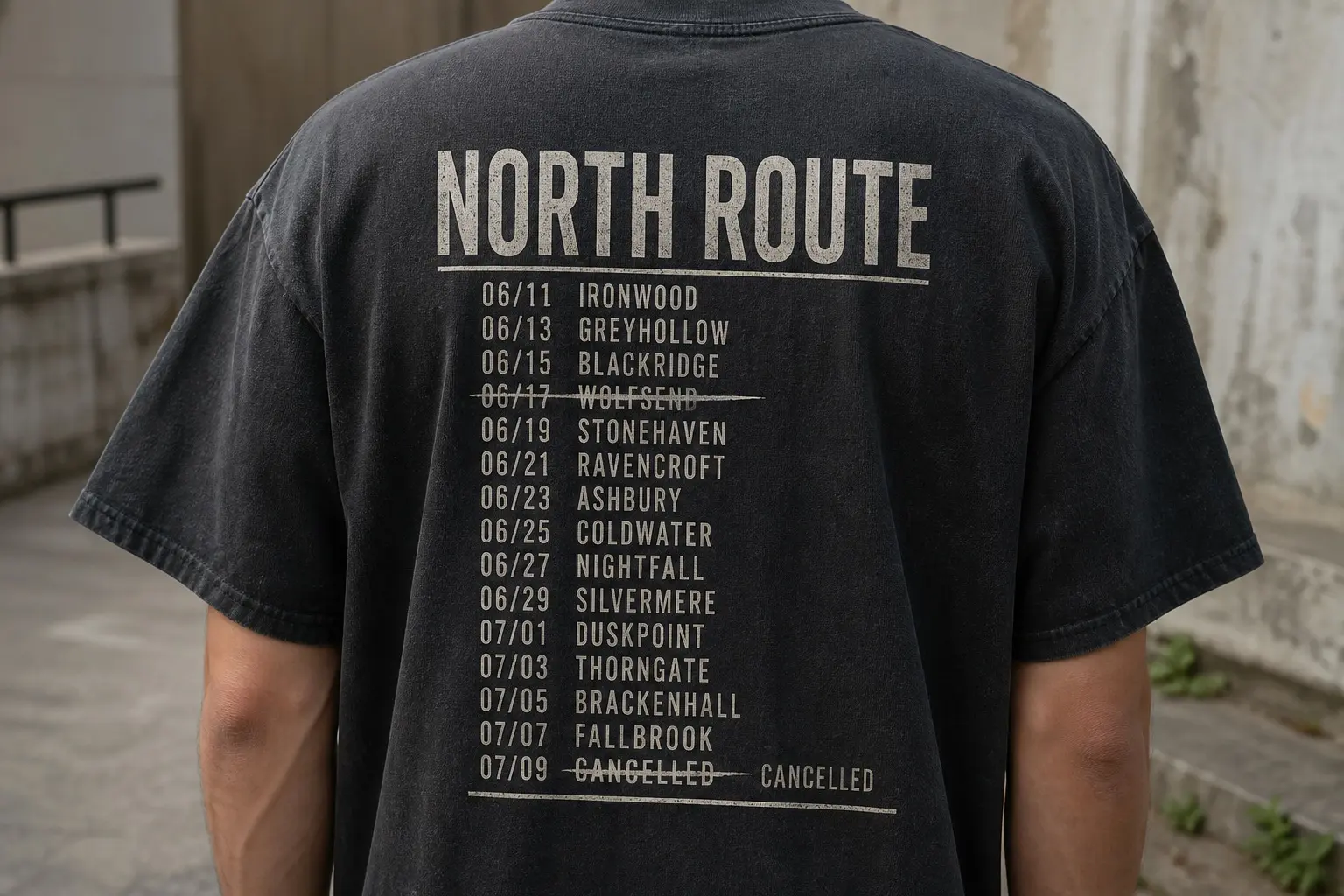 A faded black tee seen from behind, printed with fourteen tour dates and city names in condensed bone-white capitals under the heading NORTH ROUTE, ruled top and bottom, ink cracked with age, two lines struck through and CANCELLED beside the last