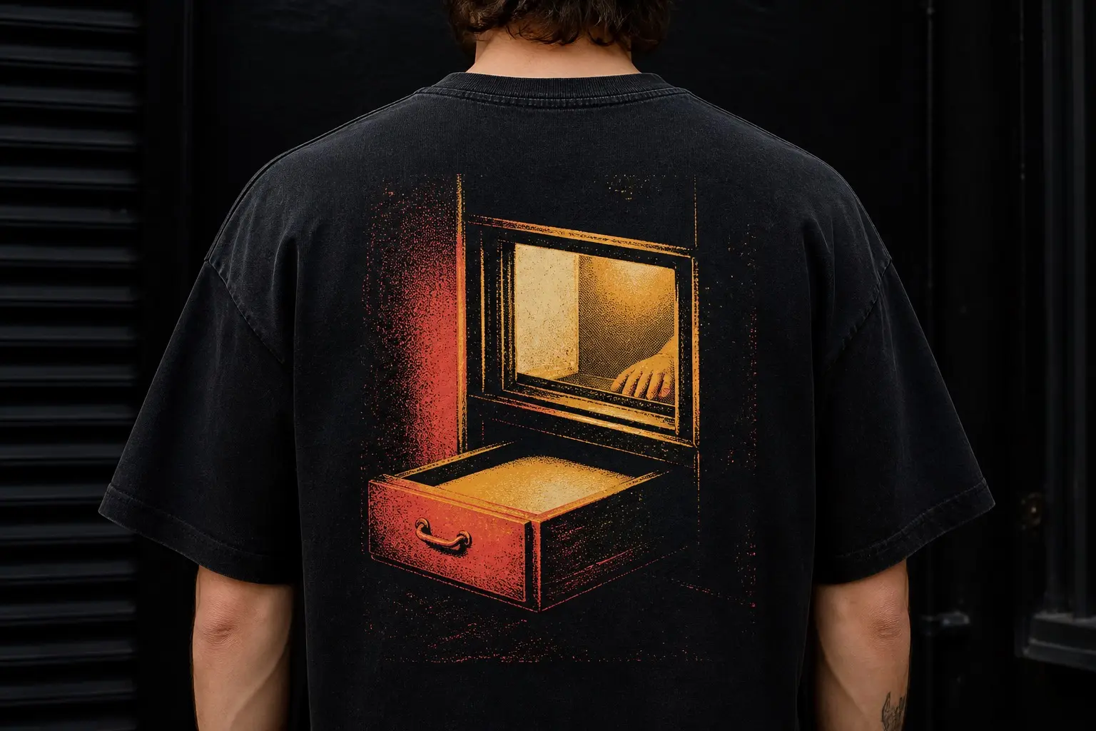 A near-black tee printed on the back in risograph cream with one amber and one red ink, showing a small lit night-service hatch in an otherwise dark shopfront — a metal drawer pushed half out through the glass and a hand just visible inside — with no text anywhere in the design.