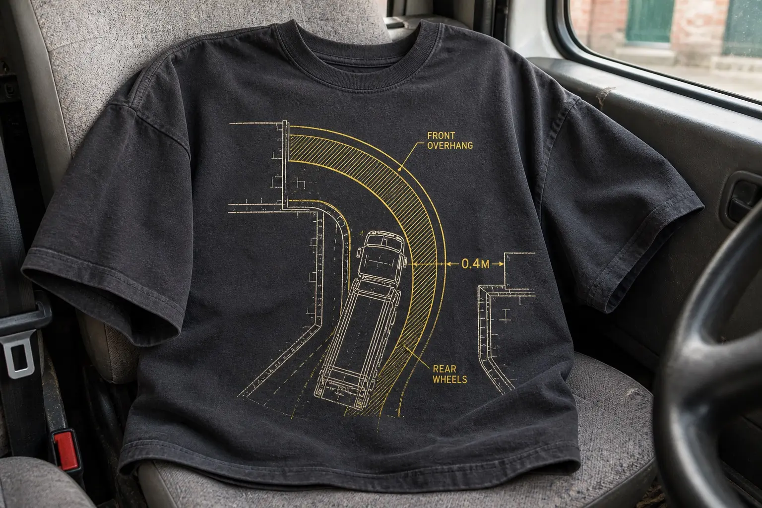A charcoal tee thrown across a van seat, printed in cream and one high-vis yellow with a technical drawing from directly above of a refuse lorry's swept path reversing into a narrow street — an outer curved band for the front overhang, an inner band for the rear wheels, the gap between them shaded, and 0.4M marked across the tightest point.