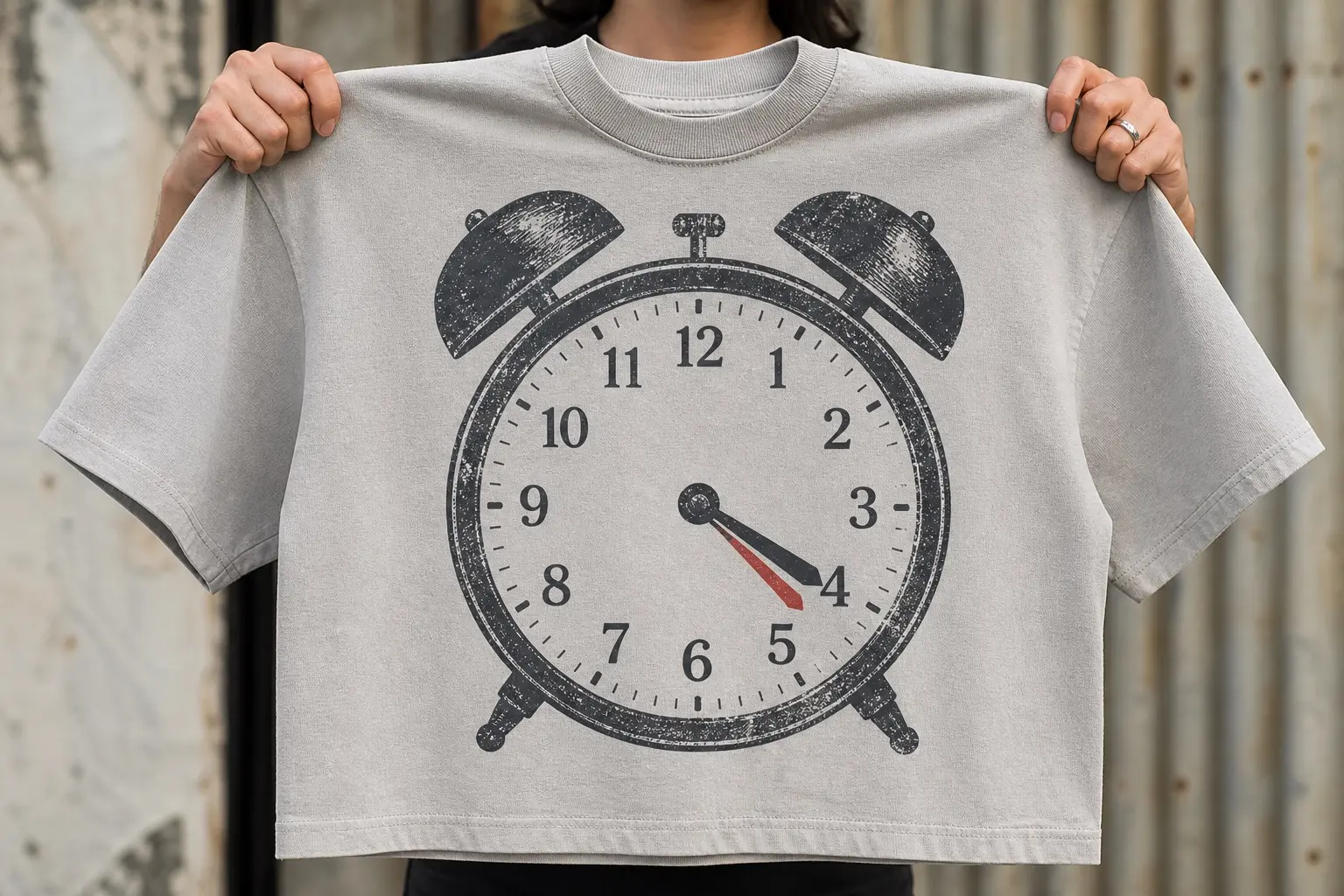 A pale grey tee printed as a stencilled equipment marking in charcoal and one red, showing a wind-up alarm clock face dead-on and large, hands at four o'clock, the alarm hand set slightly before them, winding keys and bells implied at the edges, numerals 1 to 12 around the dial.