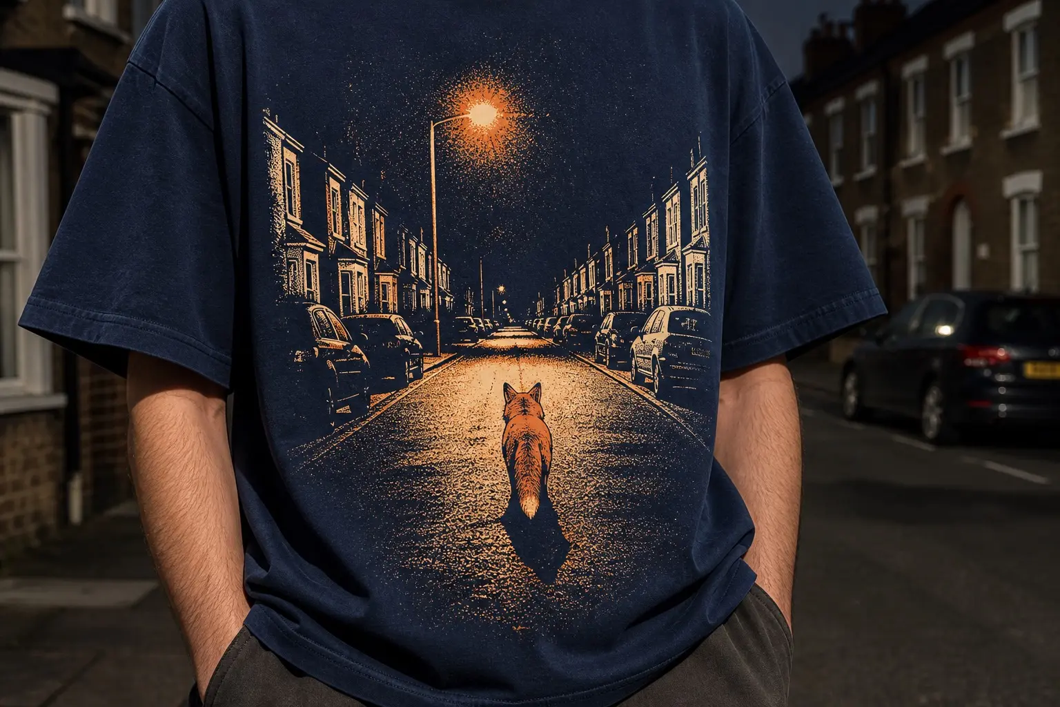 A deep indigo tee printed in a risograph style with cream and one sodium orange, showing an empty residential street straight down its length at four in the morning, parked cars as flat dark shapes on either side, one sodium lamp casting a hard pool of orange light on the tarmac, and a single fox, small and low, walking away down the centre of the road. No text.