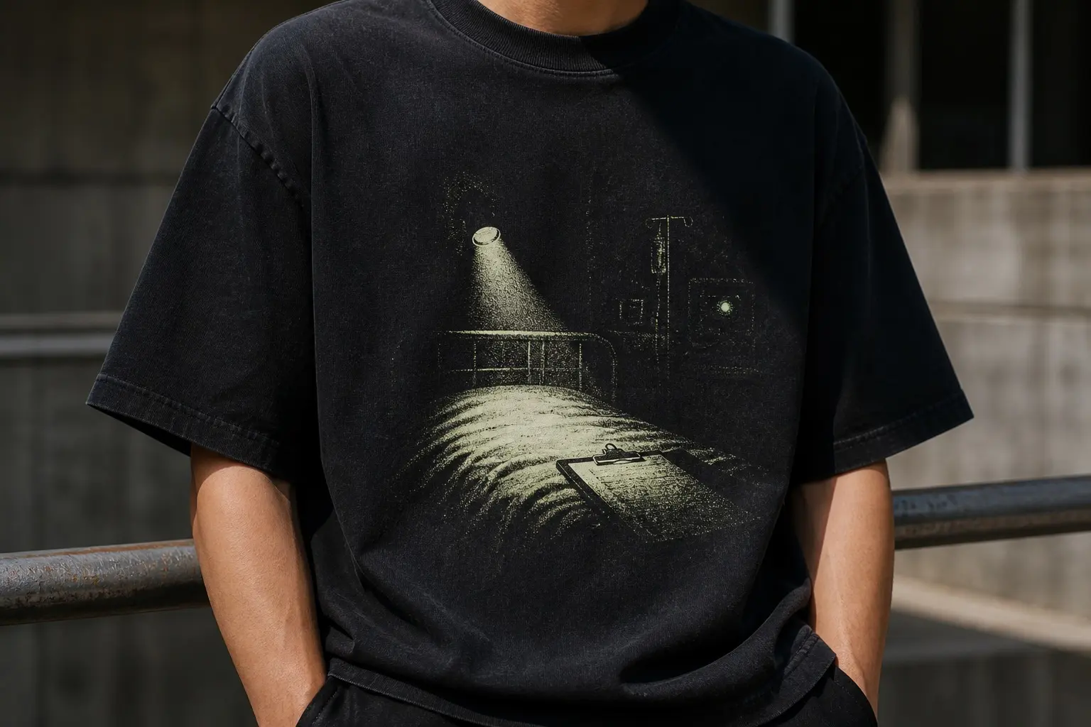 A near-black tee printed in luminous warm white and pale green, showing a small torch beam falling on the foot of a bed in an otherwise black ward, a soft ellipse of light on a blanket, a clipboard edge catching the light, and one pale green pinpoint from a monitor further off, no text.