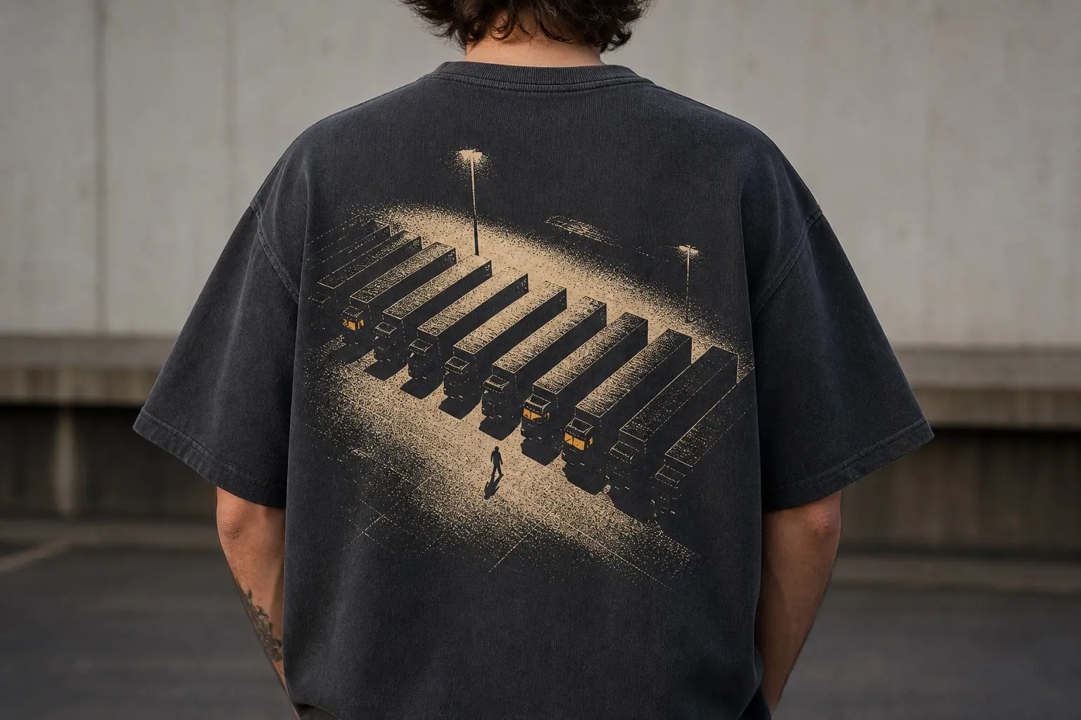 A charcoal tee printed on the back in cream and amber risograph with a lorry park seen slightly from above at two in the morning — eleven trailers in a row as flat dark rectangles, three cab windows lit warm amber and the rest dark, one figure walking between two of them, no text.