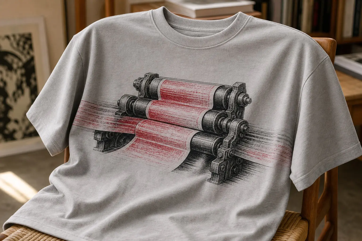 A newsprint-grey tee draped over a chair back, printed in line engraving charcoal with one red ink, showing a continuous ribbon of newsprint threading through three press rollers, blurred with motion along its length and sharp only at the roller nips, running off both the left and right edges of the design.
