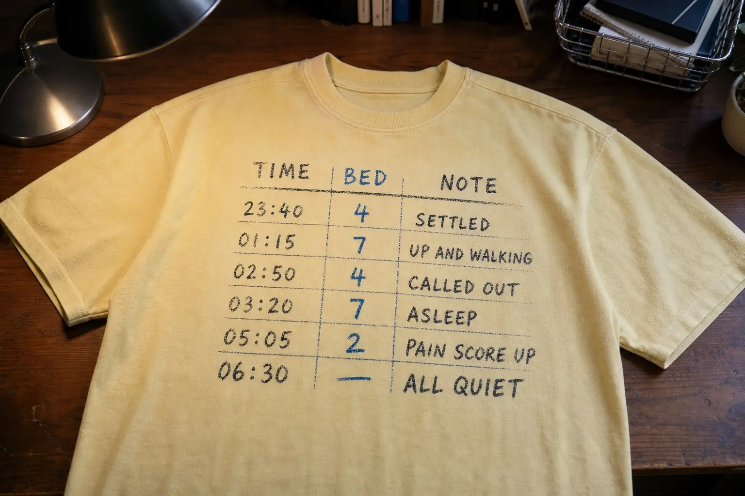 A pale yellow tee printed in charcoal and one blue with a hospital handover sheet ruled into rows, column heads TIME, BED and NOTE, six entries written in two visibly different hands, the last three pressed harder, ending ALL QUIET.