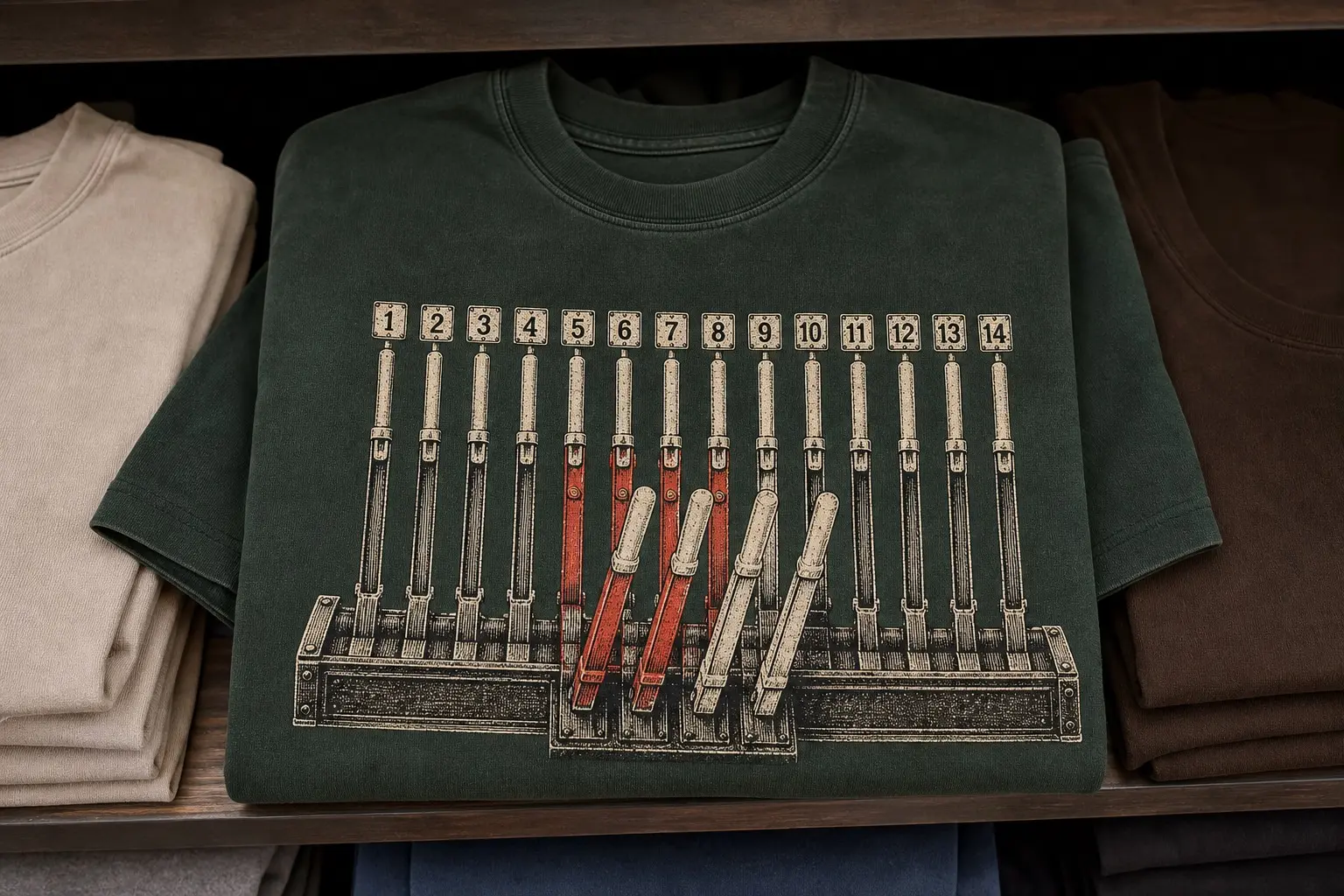 A dark green tee printed in cream line engraving with one red and one black ink, showing fourteen tall signal box levers in a row seen straight on, most standing back and four pulled forward, each painted one of three colours by function, with a small enamel number plate above each lever reading 1 to 14.