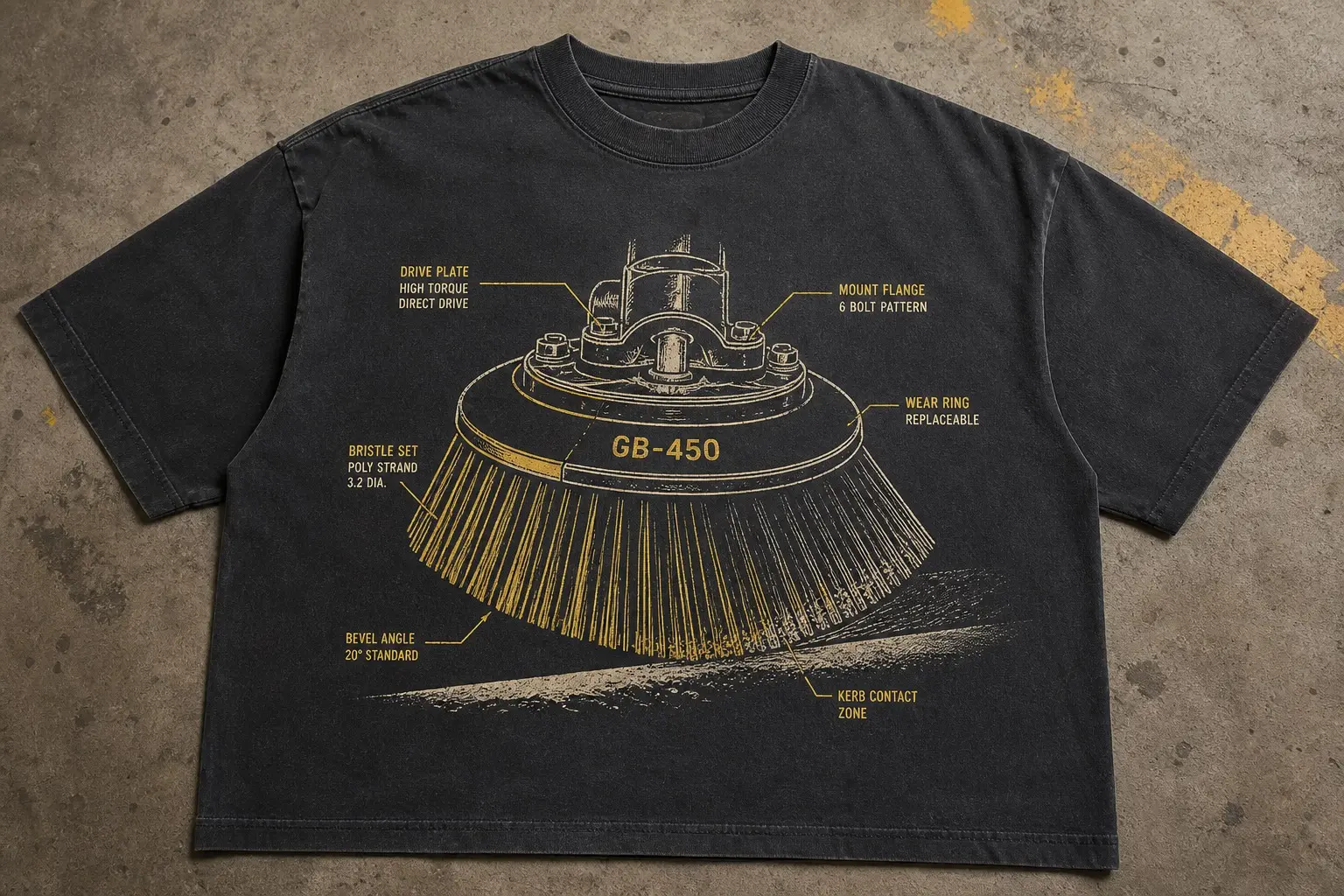 A charcoal tee printed in a technical cutaway style of cream and one yellow, showing a road sweeper's gutter brush from below, a disc of stiff bristles worn to a hard bevel on one side, tips splayed and shortened where they meet the kerb, hub and drive plate above stamped GB-450.
