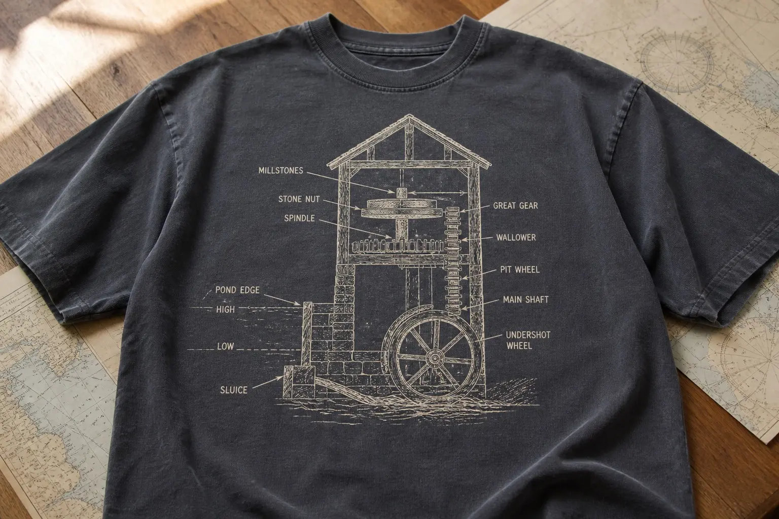 A slate tee printed in a single cream ink with a technical cutaway of a tide mill in section — the pond behind the wall, the sluice gate, an undershot wheel driving gearing up into the millstones — the water level drawn at two heights, with the words HIGH and LOW marked at the pond edge.