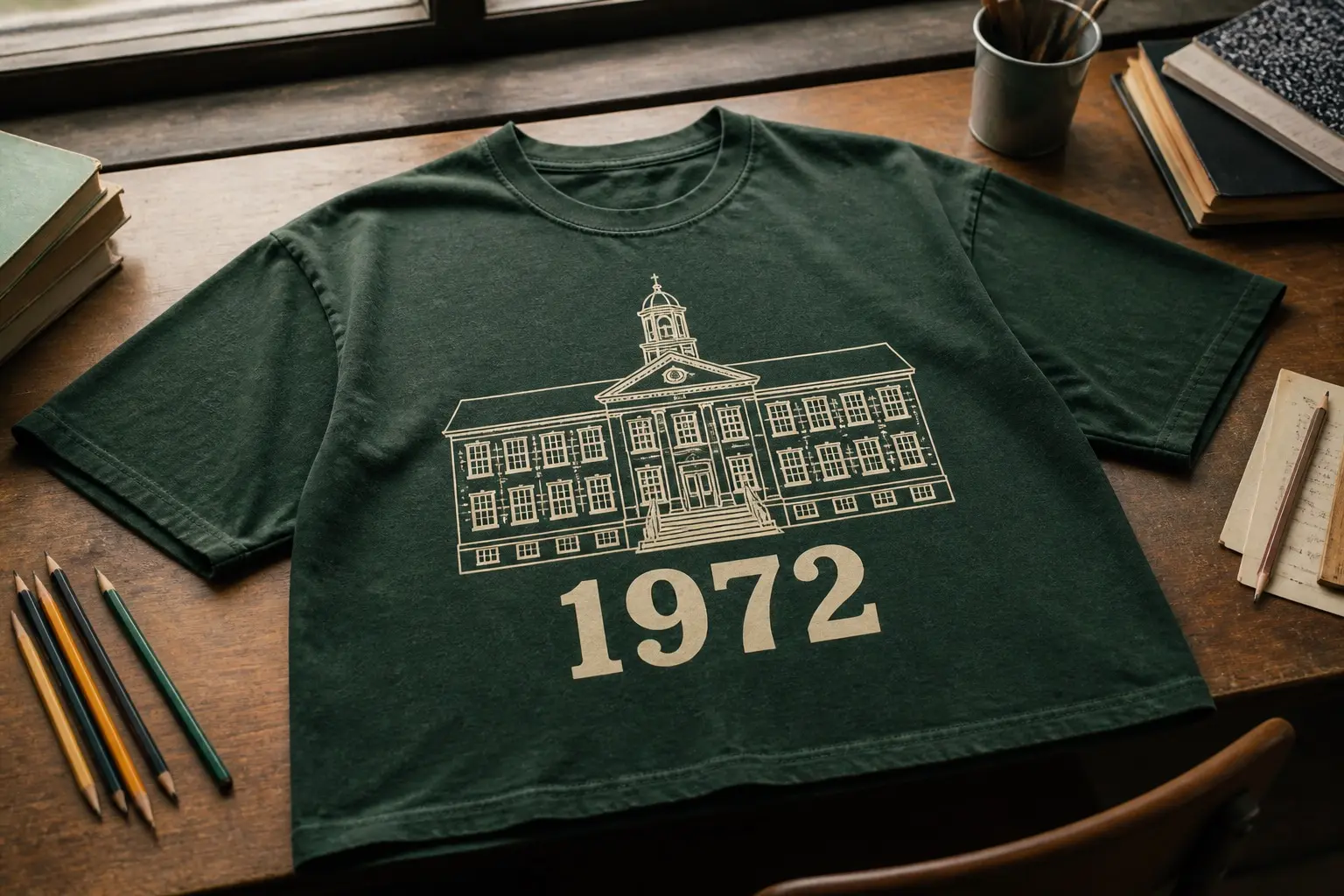 A deep green tee spread on a wooden desk beside sharpened pencils, printed with a bold line drawing of a school building above the year 1972 in large capitals