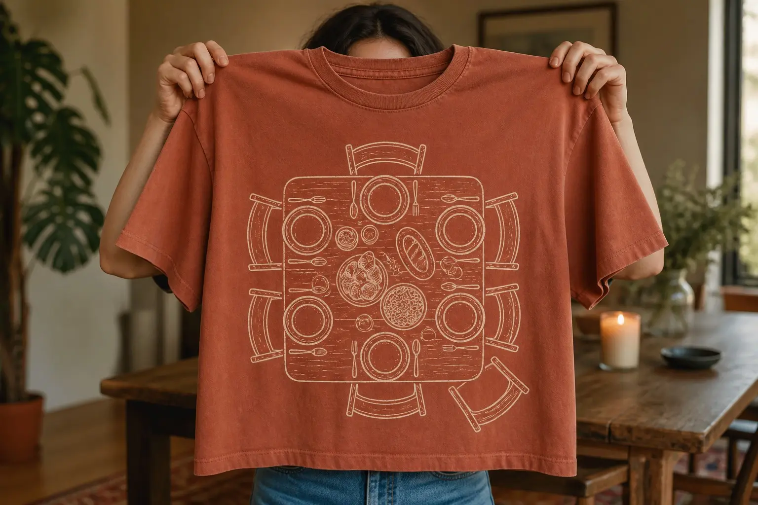 A warm terracotta tee held up by two hands, printed in fine cream line with a dining table drawn from directly above — six plates set in a ring with cutlery and shared dishes at the centre, one chair pulled further out than the others and one gap left open in the ring — a lit candle visible on the real table behind it.