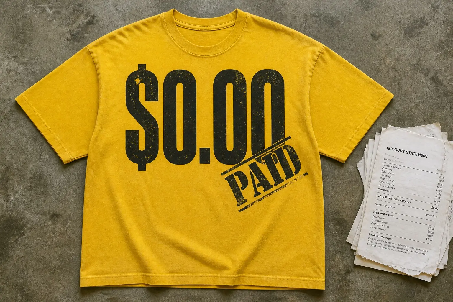 A sunflower yellow tee laid flat beside a torn stack of paper account statements, printed with $0.00 in large heavy black numerals across the chest and PAID stamped diagonally over one corner of it