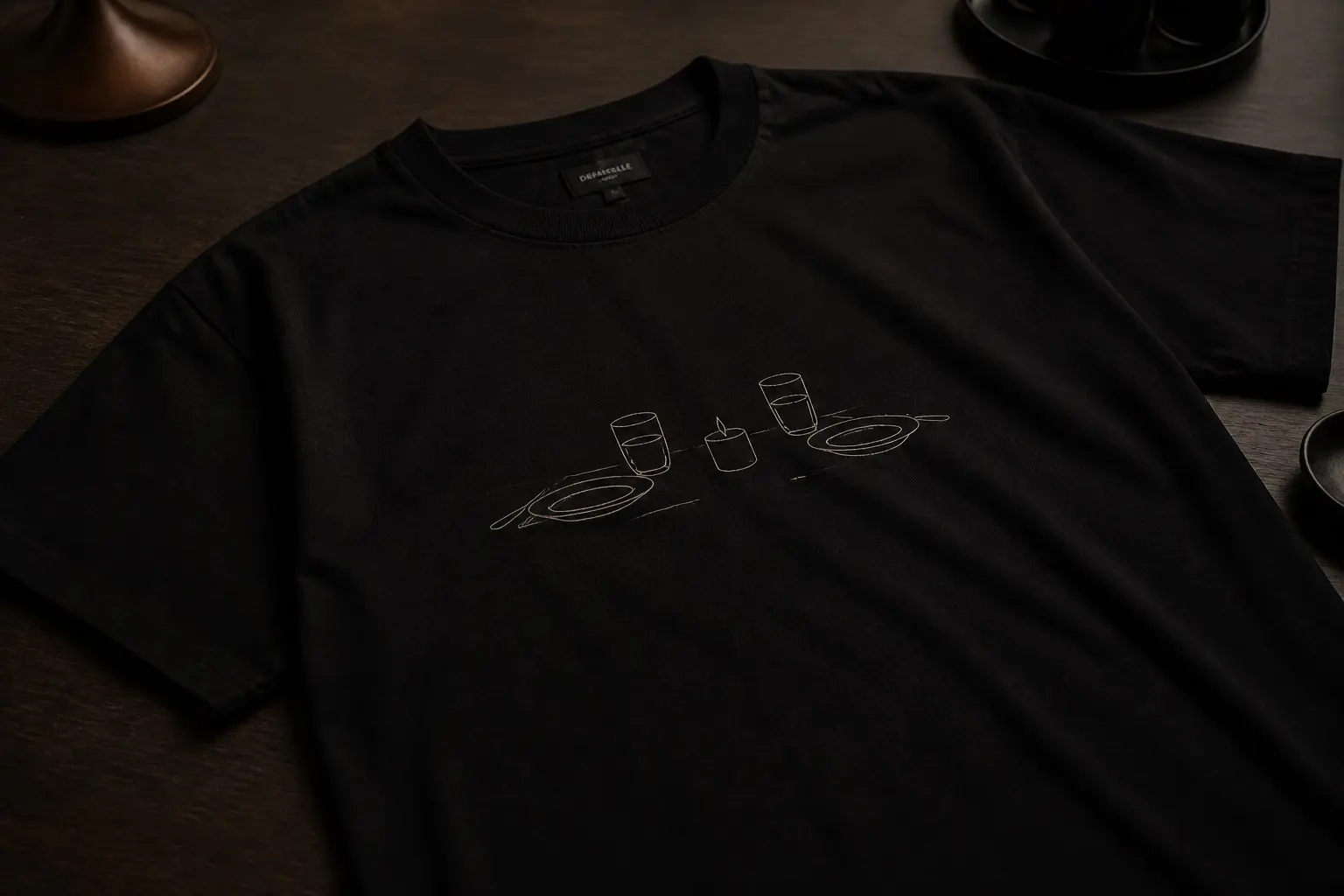 A black tee printed in a fine cream line with a table set for two — two plates, two glasses, a candle between them