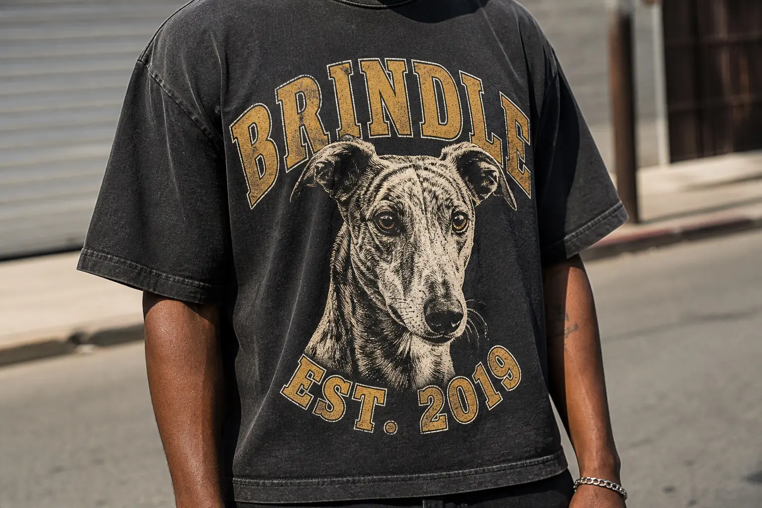 A person wearing a faded black tee from the chest down on a street, printed with a coarse-halftone portrait of a brindle greyhound facing forward, BRINDLE arched in heavy gold capitals above and EST. 2019 arched beneath, in worn 90s bootleg tour-tee screenprint texture