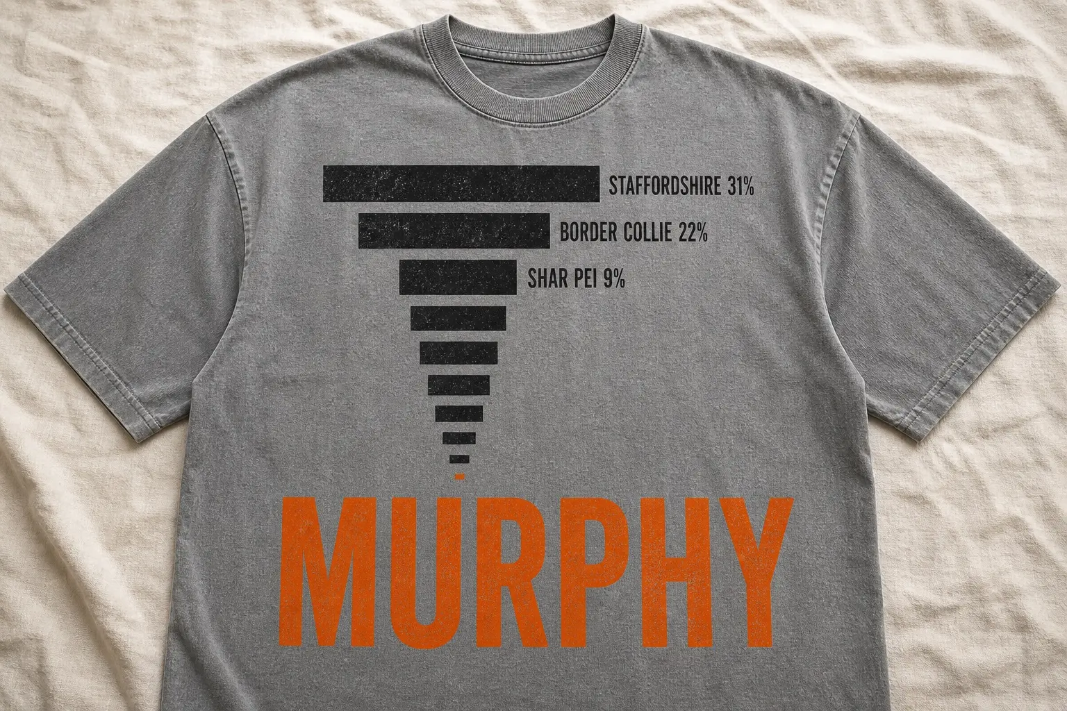 A heather-grey tee flat on pale cloth, printed with a stack of solid black bars tapering downward like an inverted pyramid labelled STAFFORDSHIRE 31%, BORDER COLLIE 22%, SHAR PEI 9% and narrowing unlabelled slivers beneath, with the dog's name MURPHY set in huge condensed orange capitals under the whole stack